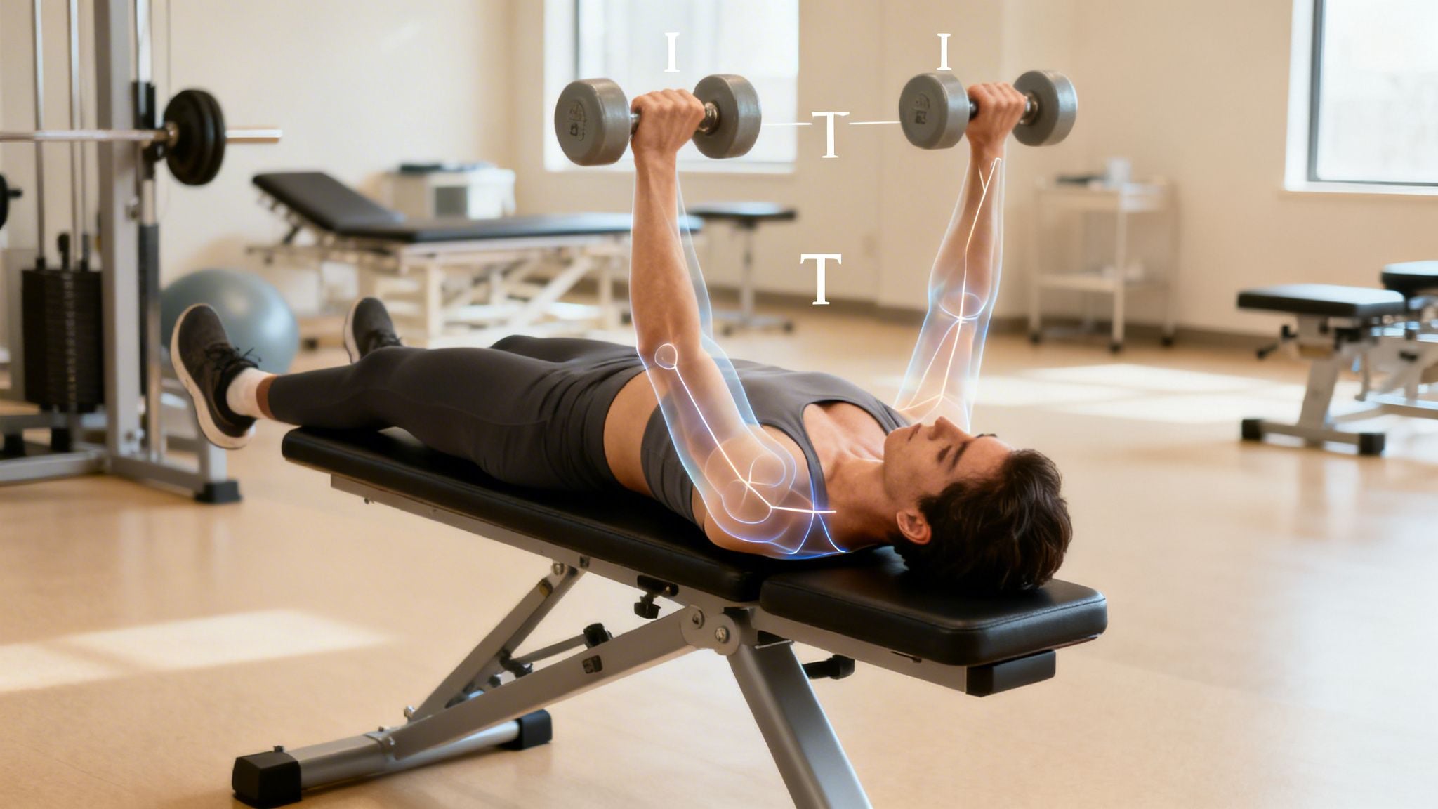 A man on a weight bench performs a dumbbell chest press in a gym, with highlighted arm anatomy.