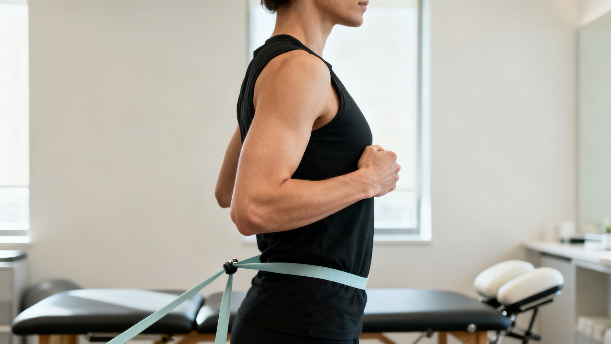Person performing an exercise with a resistance band wrapped around their waist in a light-filled clinic.
