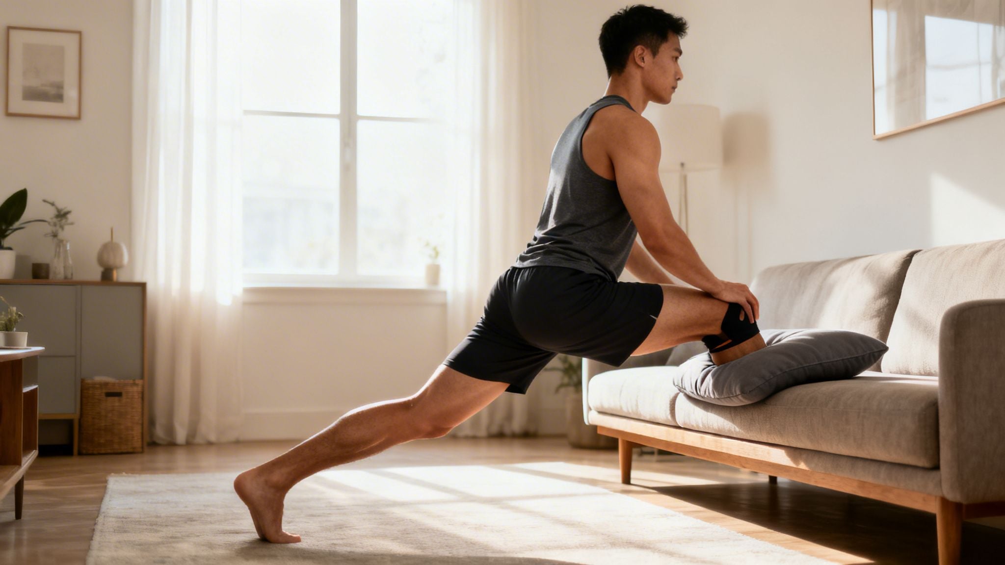 A man in athletic wear stretches his hip flexors using a couch and pillow in a bright living room.