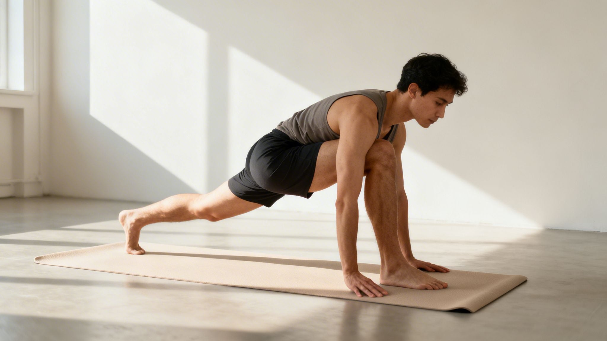 A man performs a deep hip flexor stretch on a yoga mat in a well-lit studio.