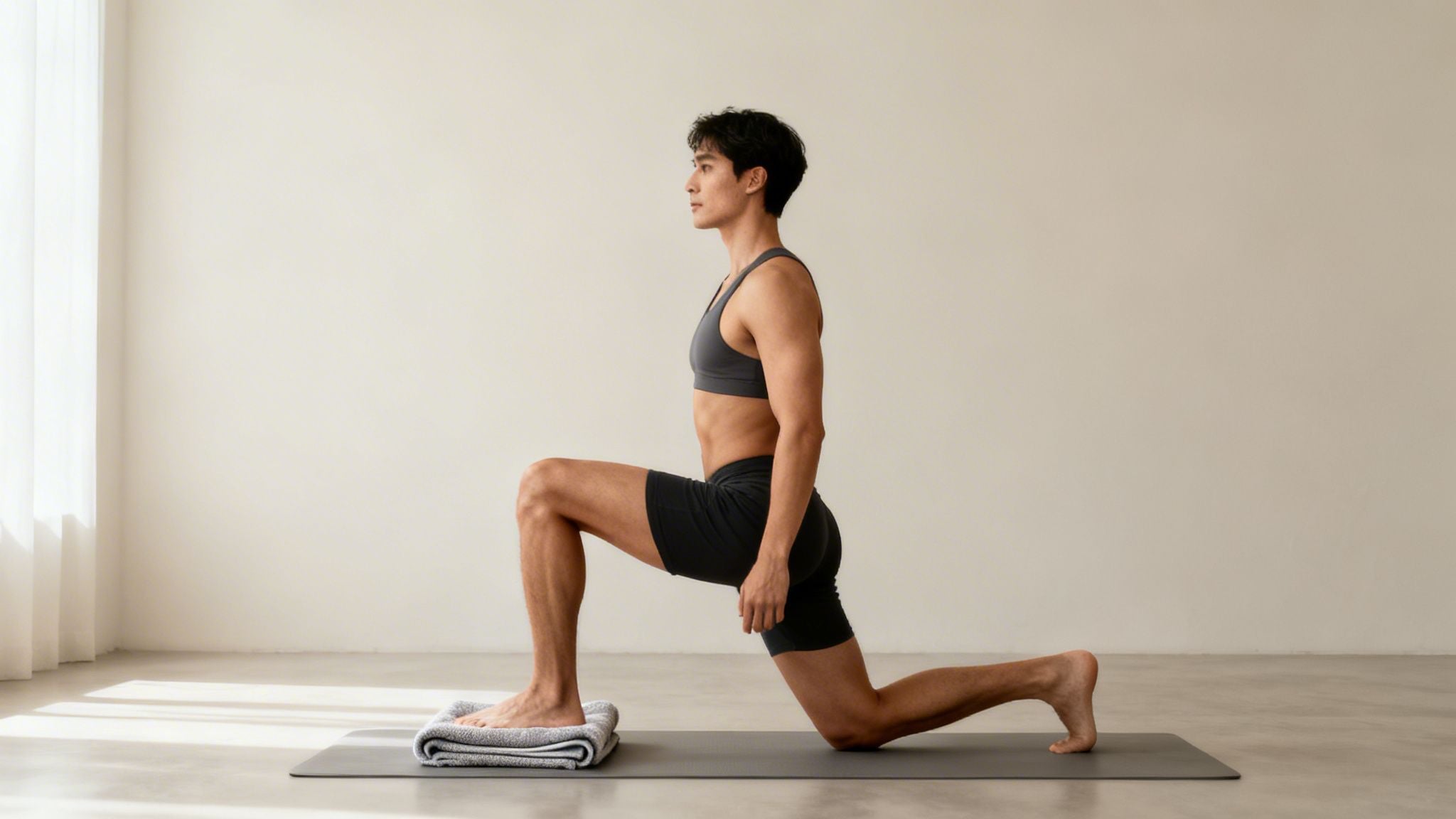 A fit man in activewear performing a lunge stretch on a yoga mat with a towel.