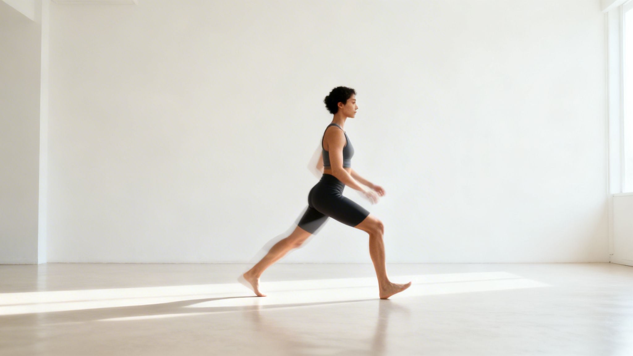 A woman in athletic wear performing a dynamic lunge with motion blur in a bright studio.
