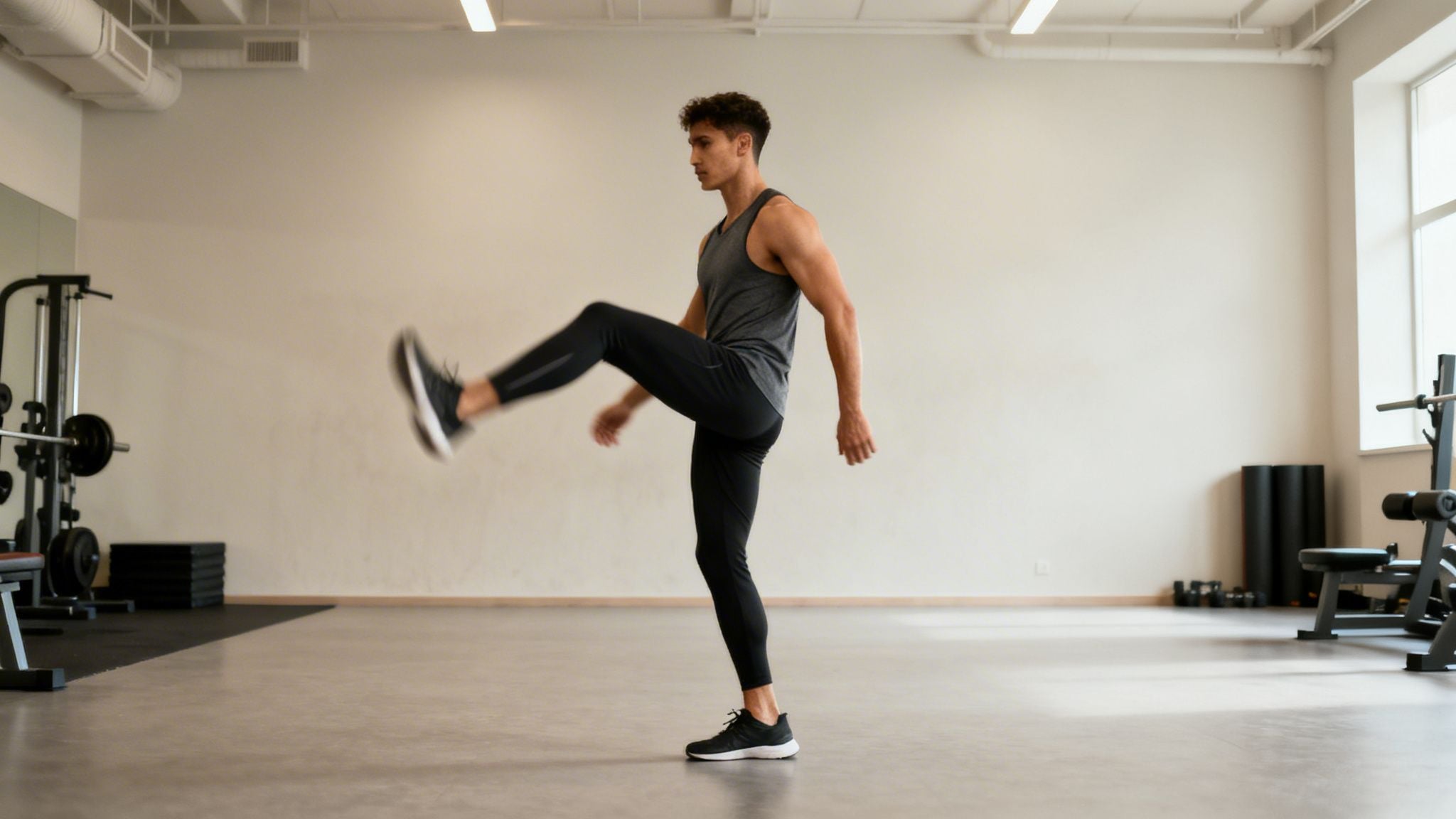 A fit man in a gym performs a high knee dynamic stretch to warm up his legs.