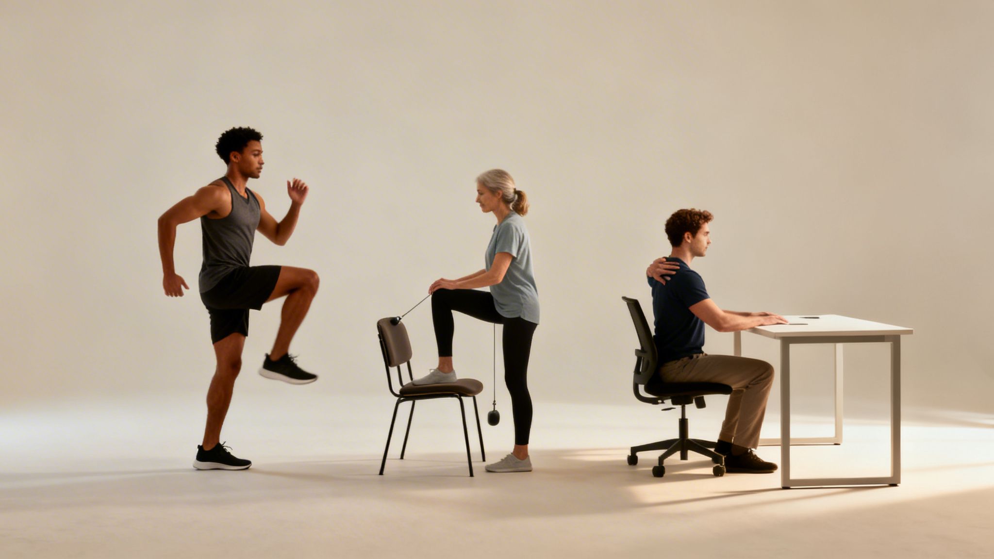 Three people performing different exercises: a man doing high knees, a woman stretching with a band, and a man stretching at a desk.