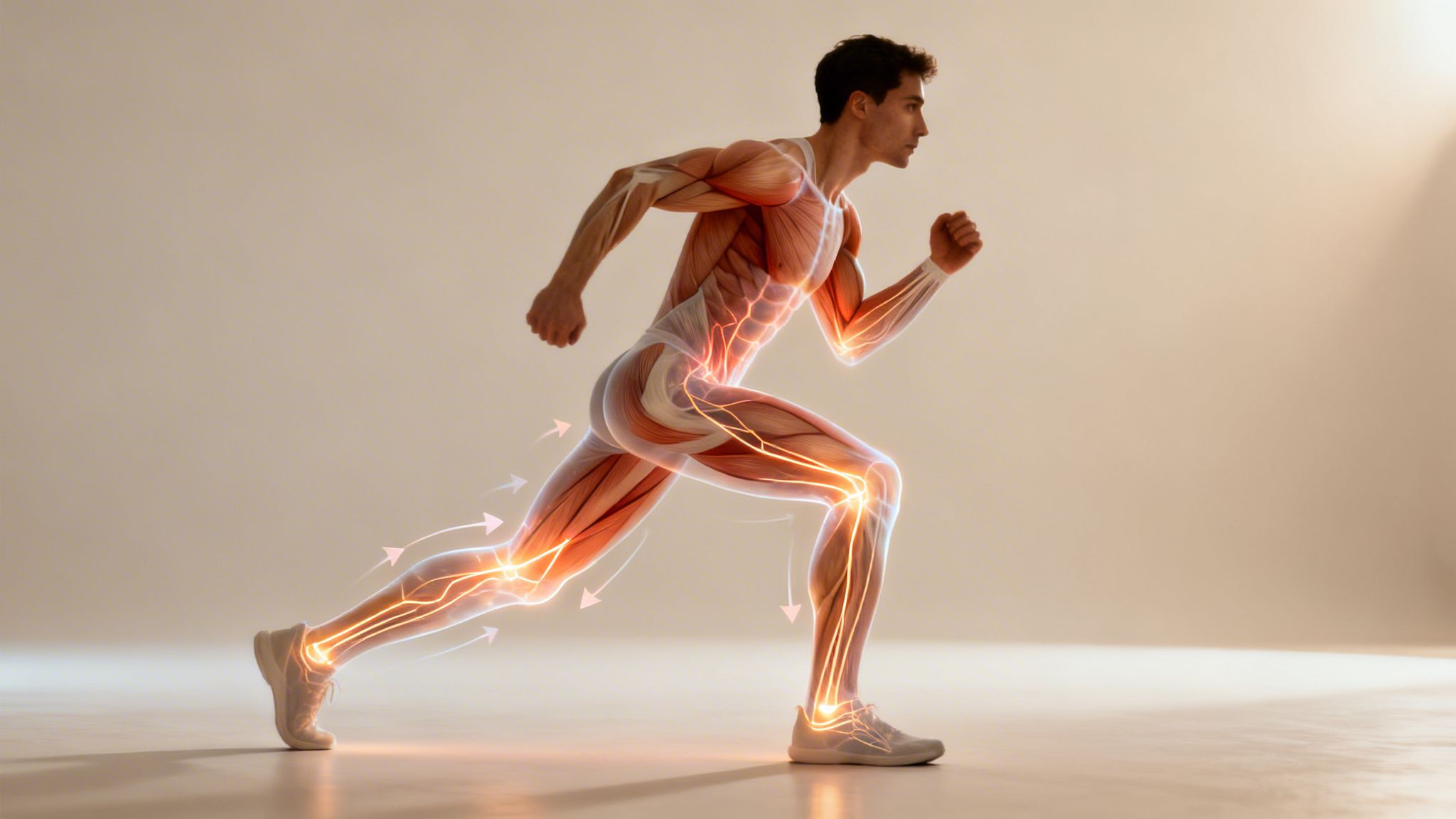 A man running, with his muscles and nerves illuminated, showing energy and movement.
