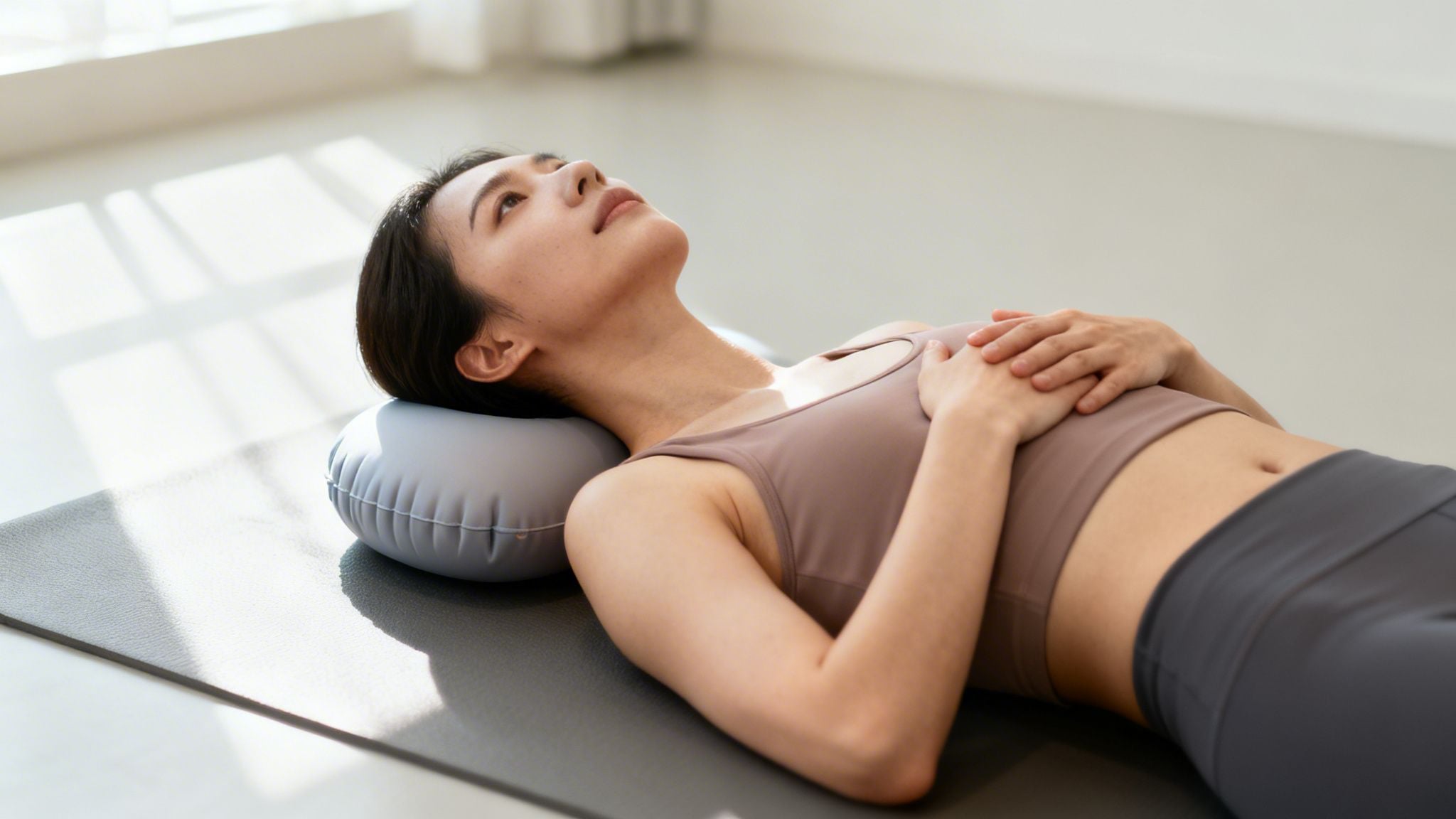 A serene woman lies on a yoga mat with a neck pillow, hands on her chest.