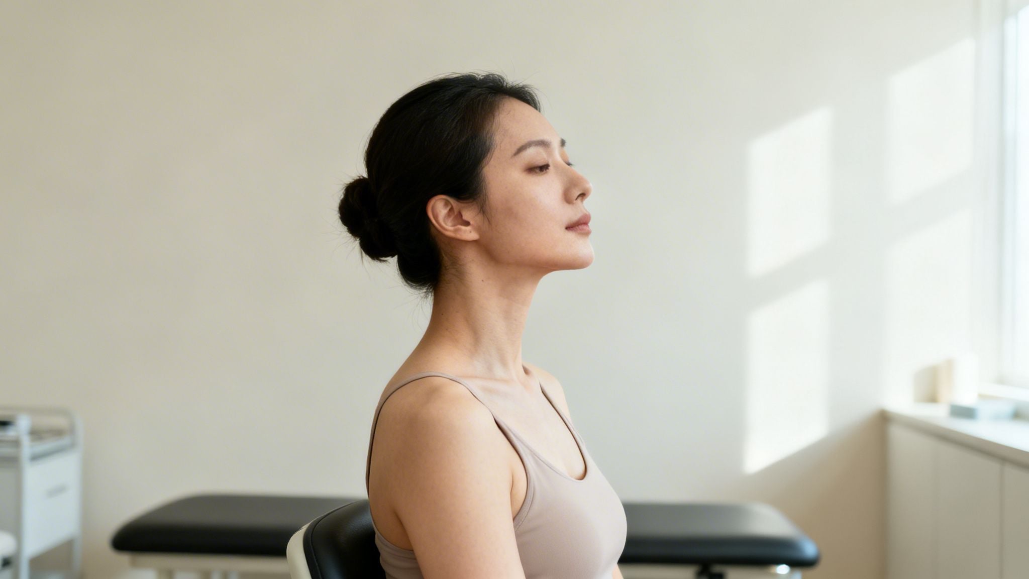 Side profile of a serene Asian woman with eyes closed, performing a neck stretch.