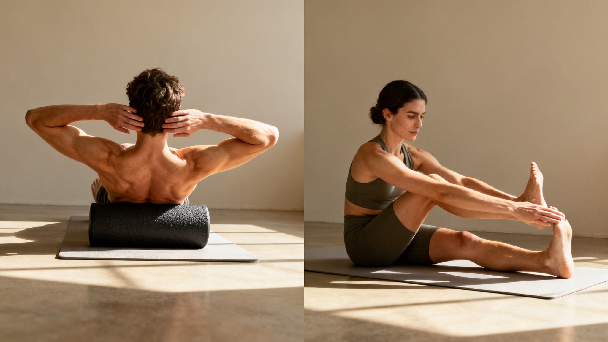A man uses a foam roller on his back while a woman stretches her legs on a yoga mat.