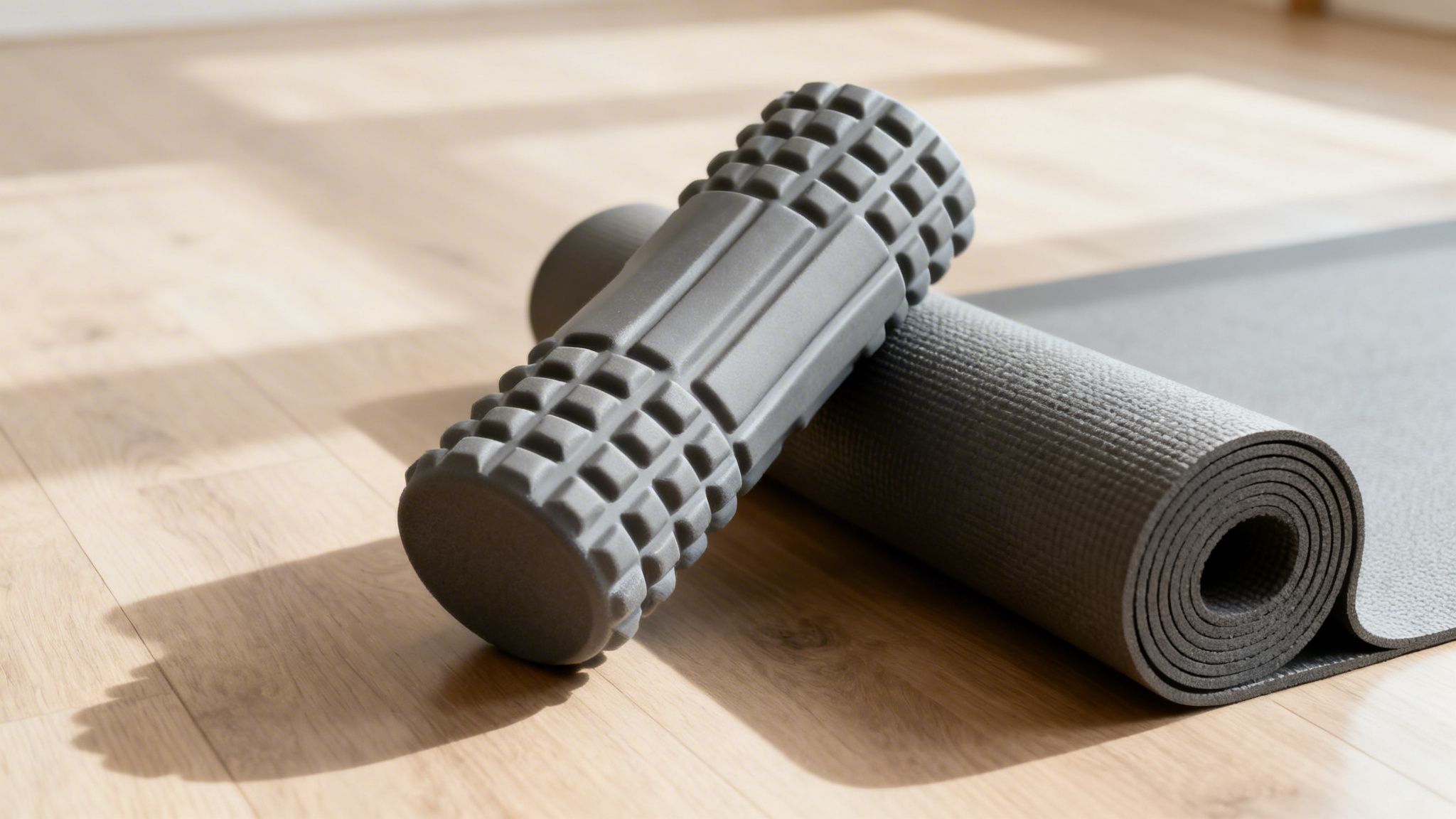 A grey foam roller rests on a rolled-up yoga mat on a wooden floor.