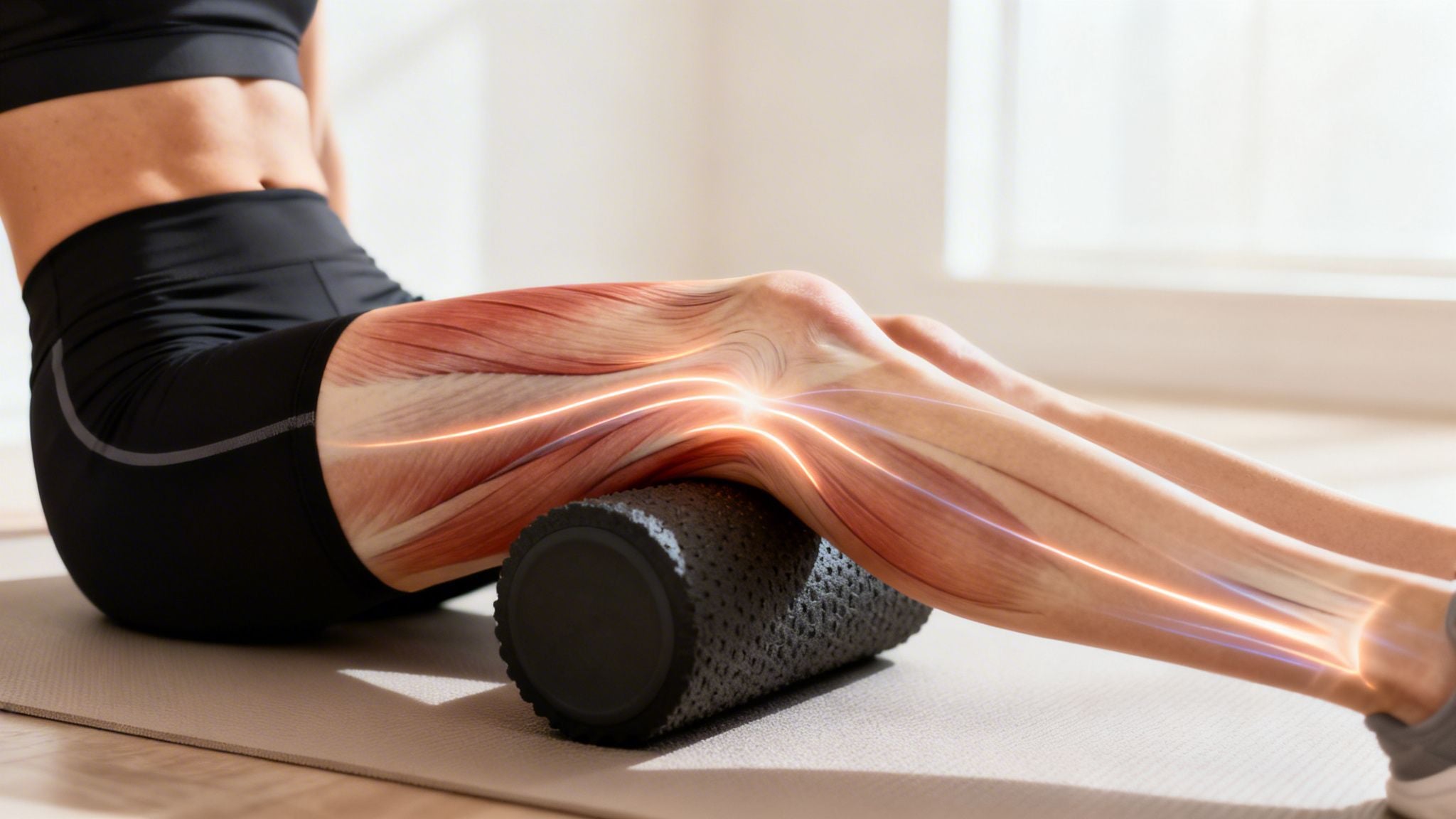 Person using a foam roller on their leg muscles with an anatomical overlay for recovery.