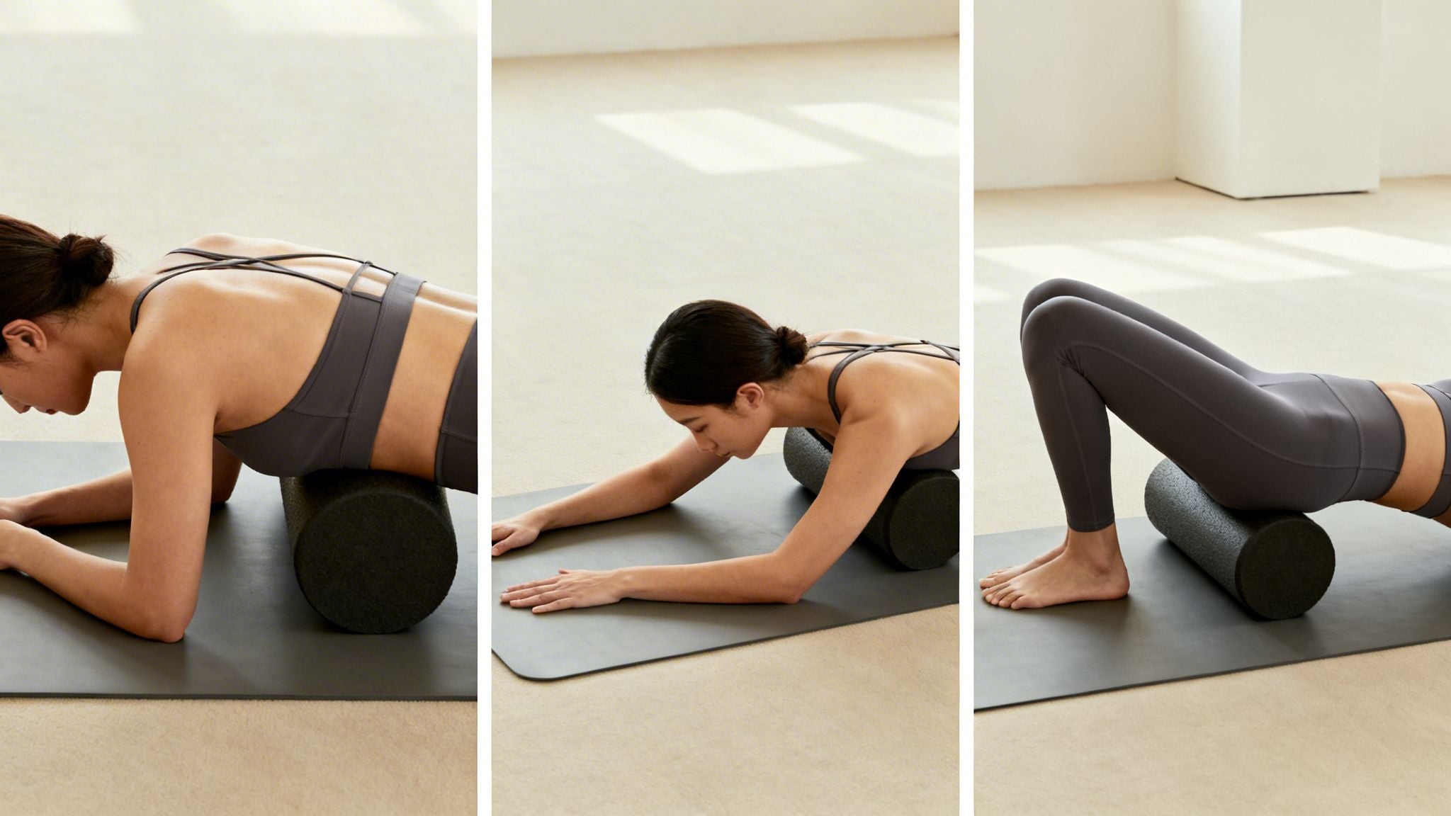 A woman demonstrating various foam roller exercises for back, lats, and glutes on a yoga mat.