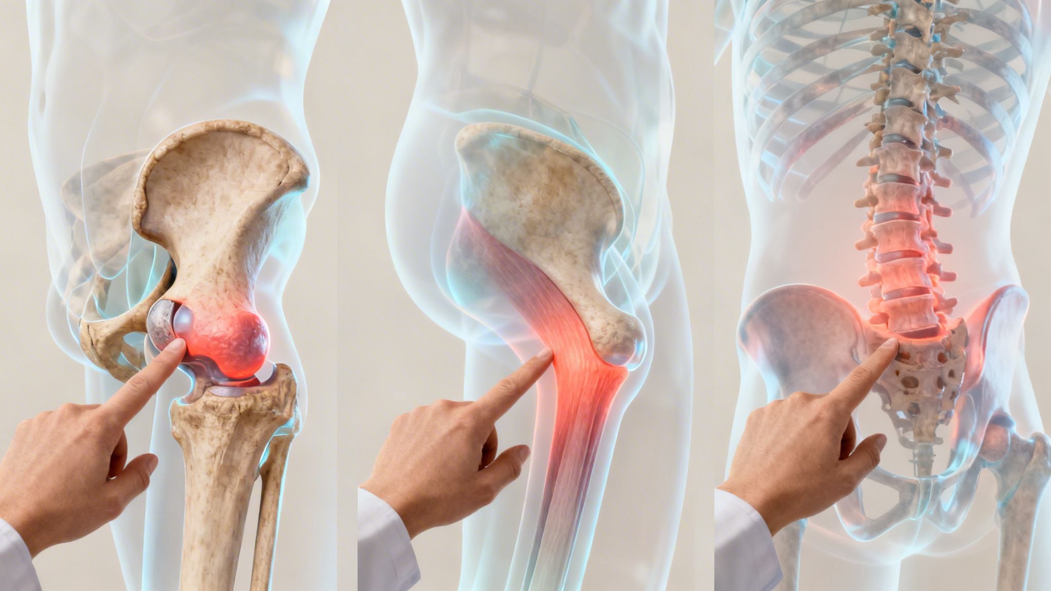 Anatomical diagrams showing a hand pointing to inflamed hip, thigh, and lower back regions.