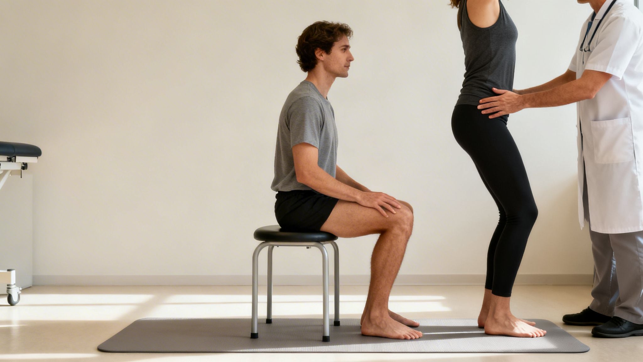 A doctor guides a woman performing a squat, while a man sits on a stool, during a physical therapy session.