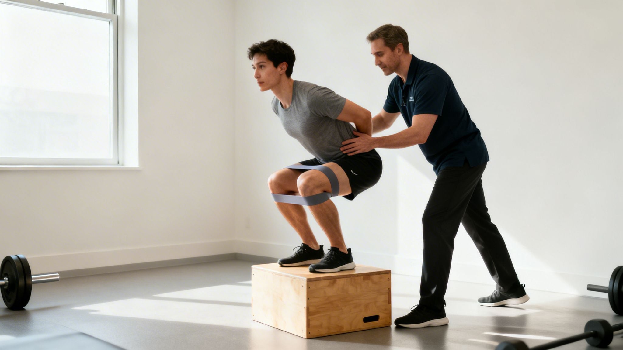 Physical therapist assists a man performing resistance band squats on a box.