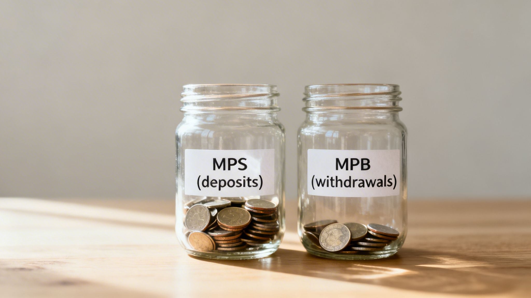 Two labeled glass jars with coins, one for deposits and one for withdrawals, on a wooden table.