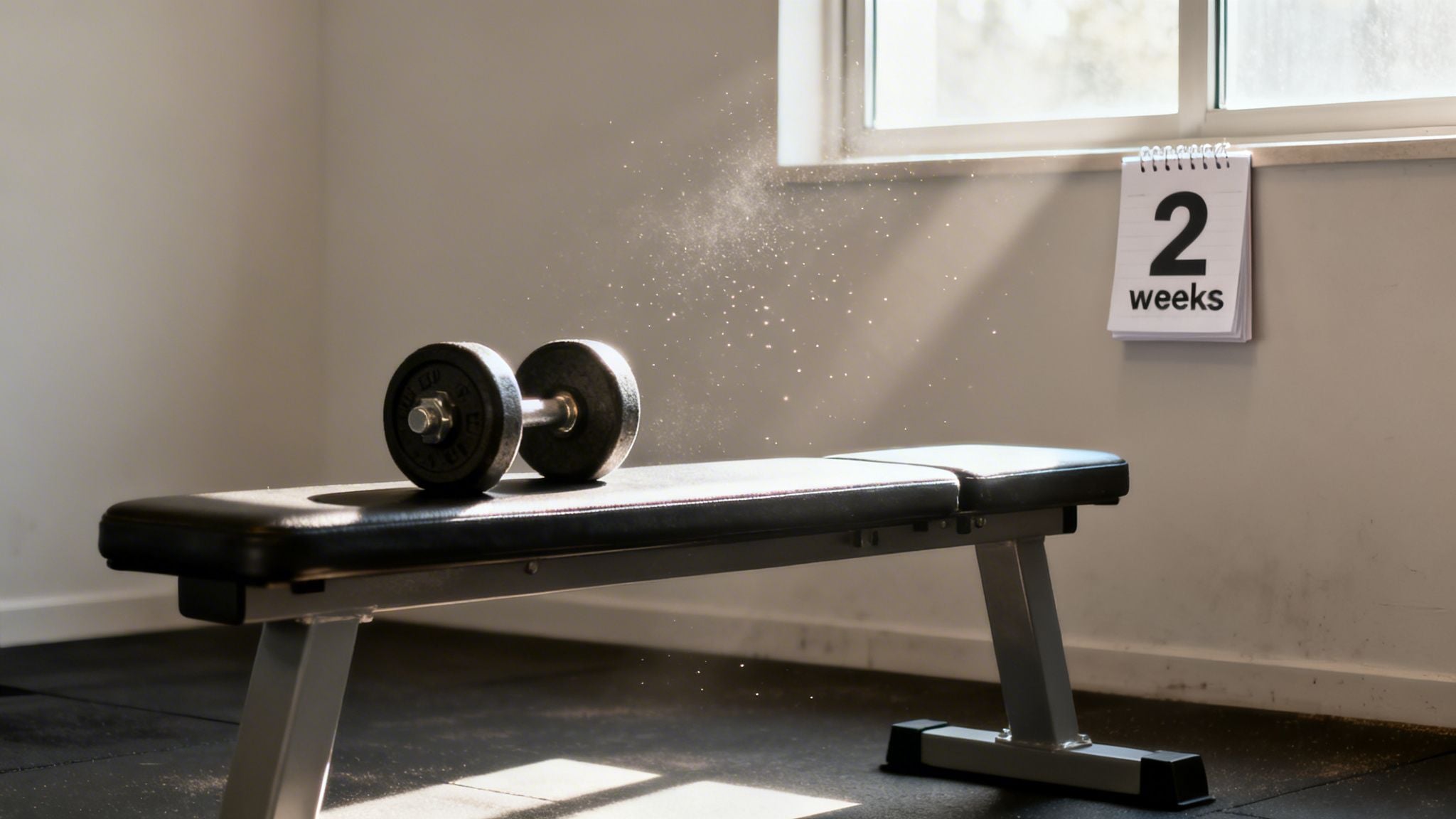 A dumbbell rests on a black weight bench in a sunlit gym, with a calendar showing '2 weeks'.