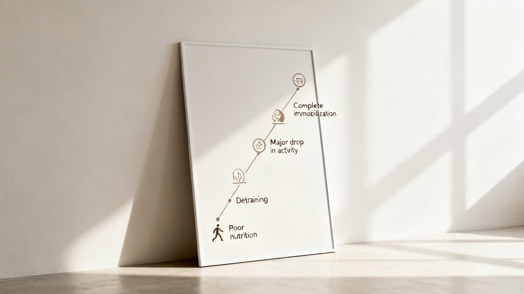 A framed poster shows a diagram with icons illustrating the progression of muscle loss from poor nutrition to complete immobilization.