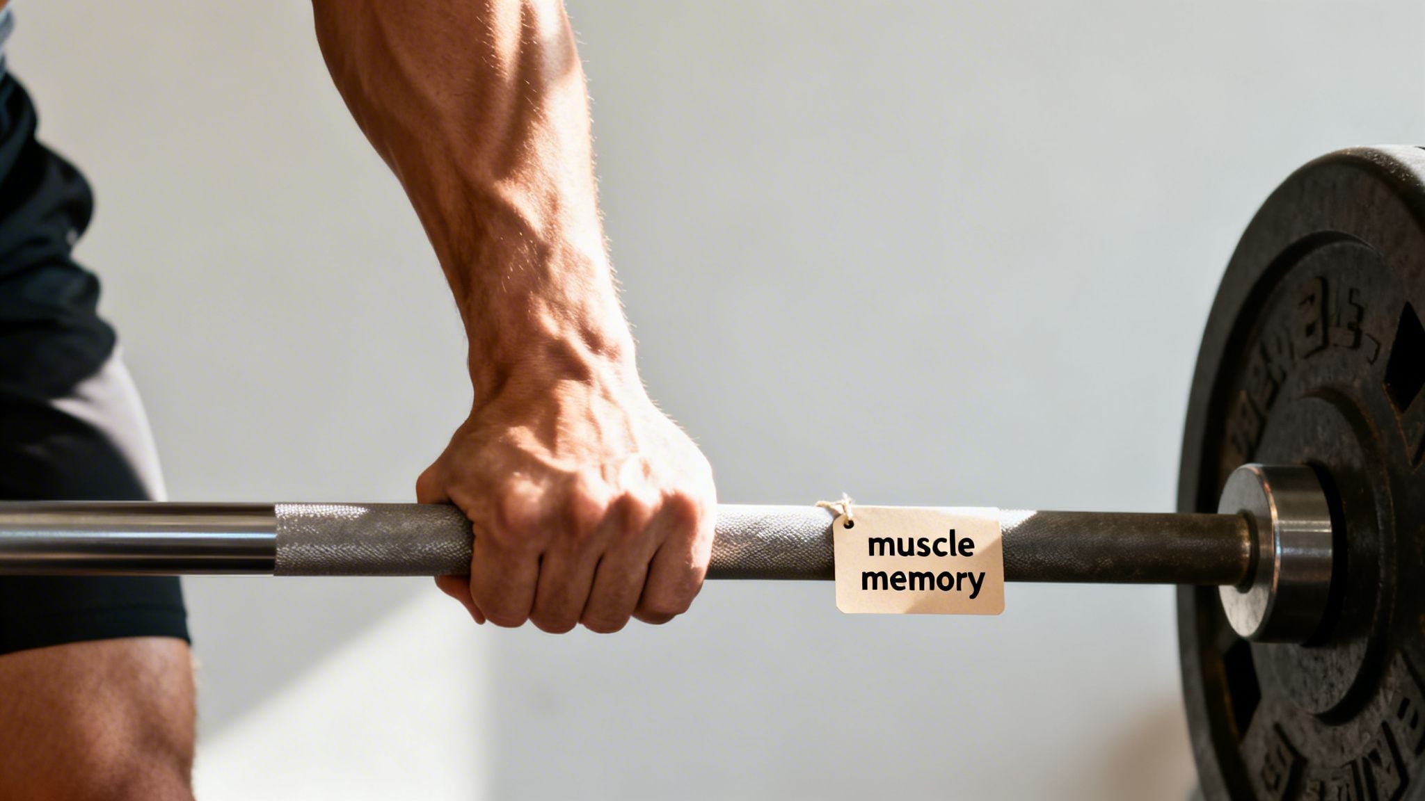 A muscular arm and hand gripping a barbell with a 'muscle memory' tag attached.