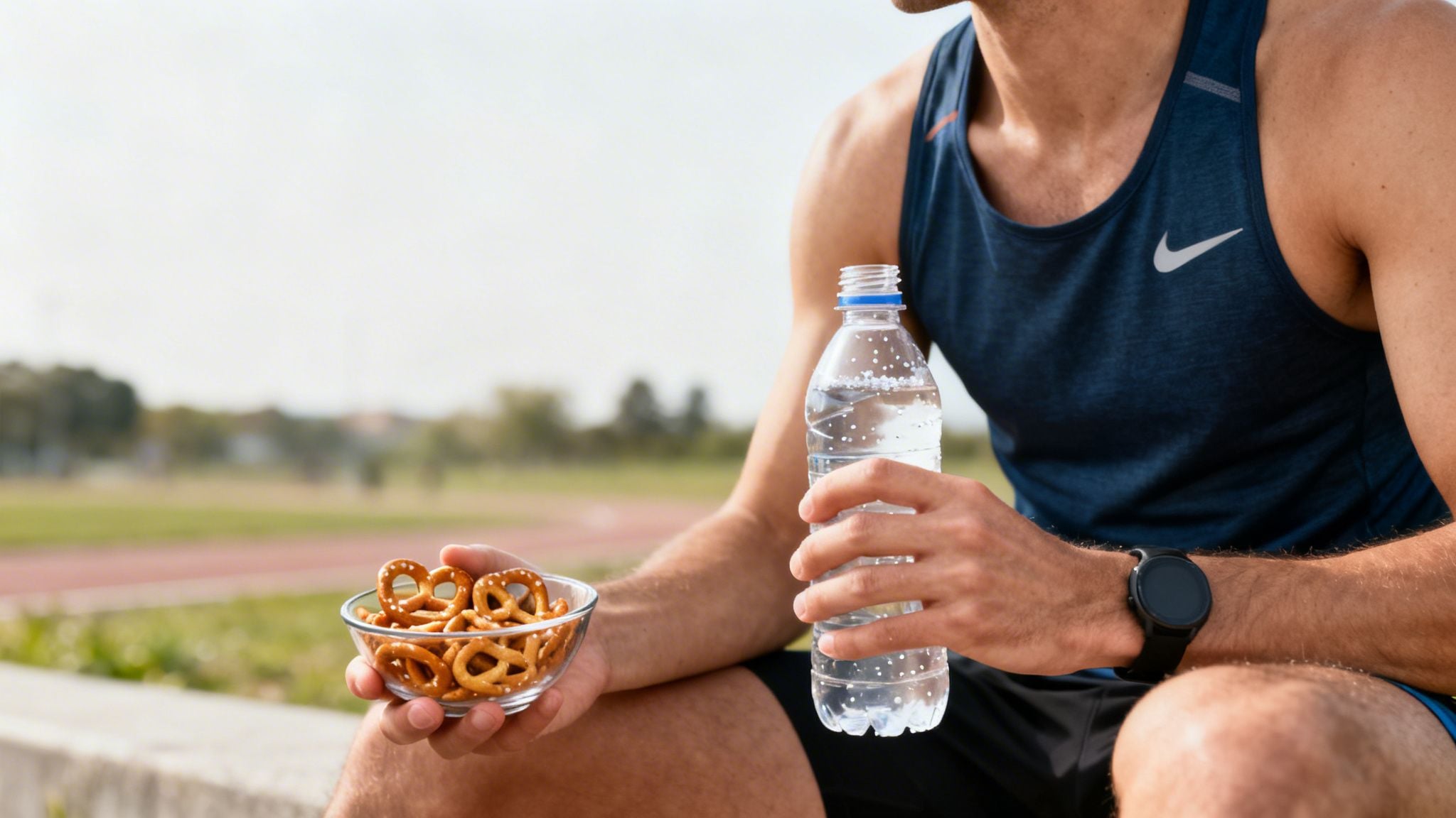 Athlete resting with water and pretzels at a track, wearing a Nike tank top and smartwatch.