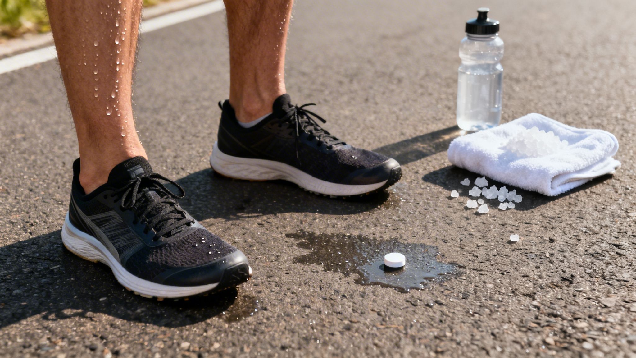 Sweaty runner's legs and shoes beside water, a towel, and dissolving electrolyte tablets for hydration.