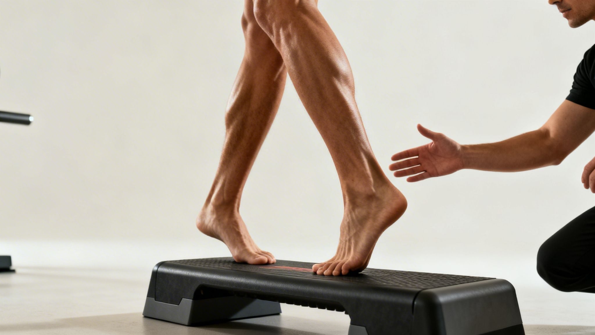 Bare legs of a person stepping onto a black aerobic step with a trainer's hand for support.