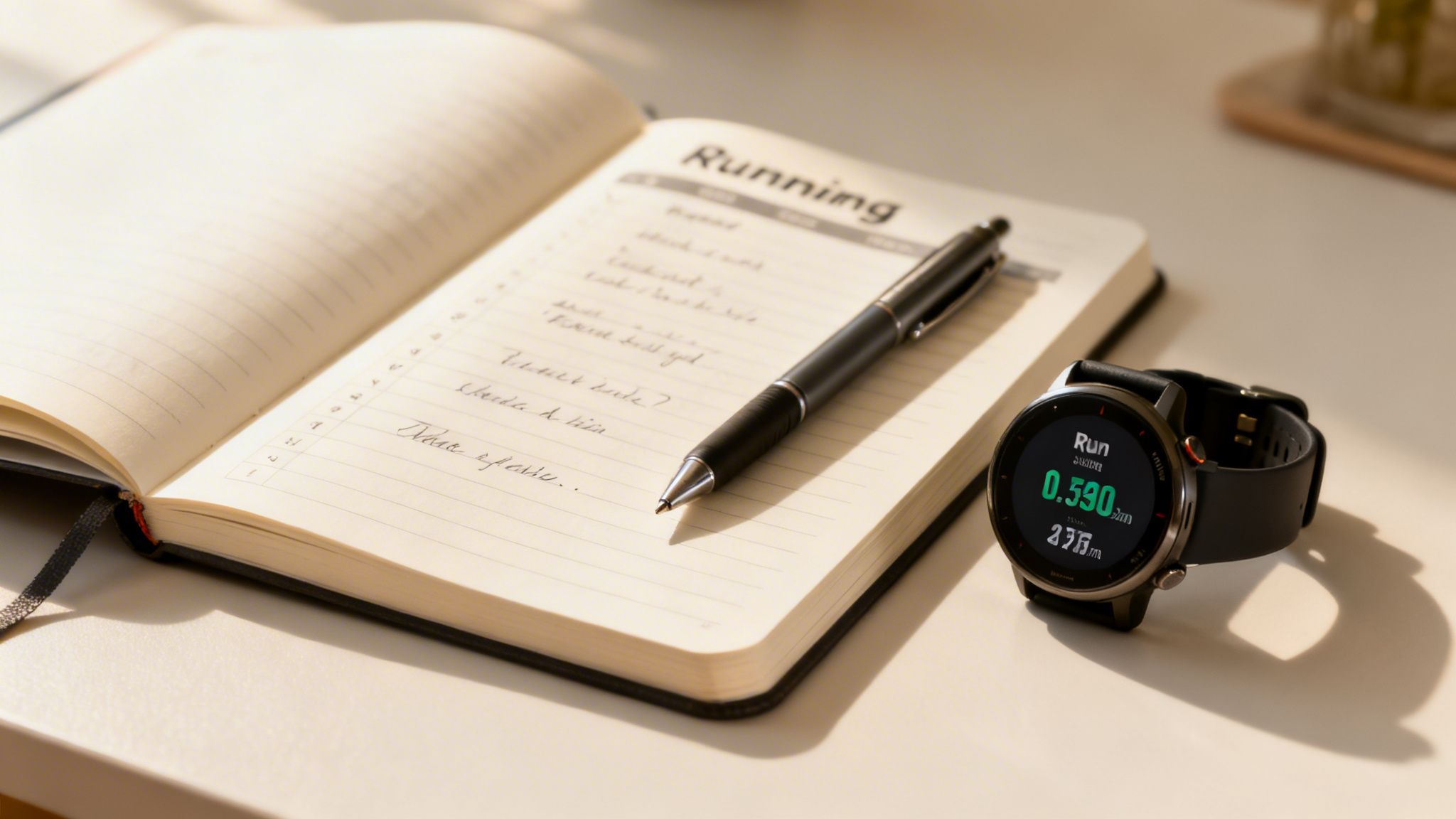 An open running journal with a pen and a smartwatch tracking distance on a clean desk.