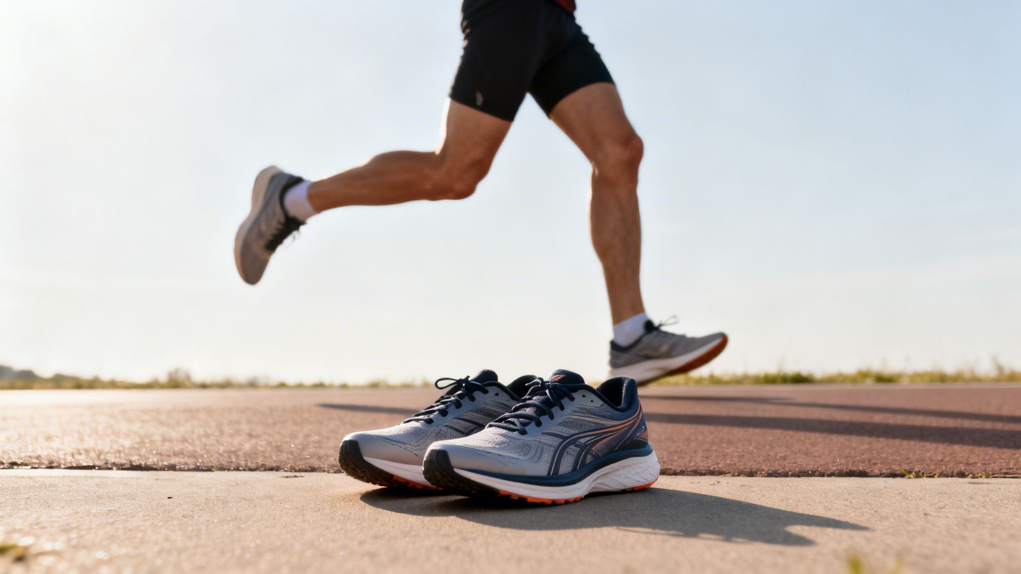 A pair of modern running shoes placed on a track with a blurred runner in the background.