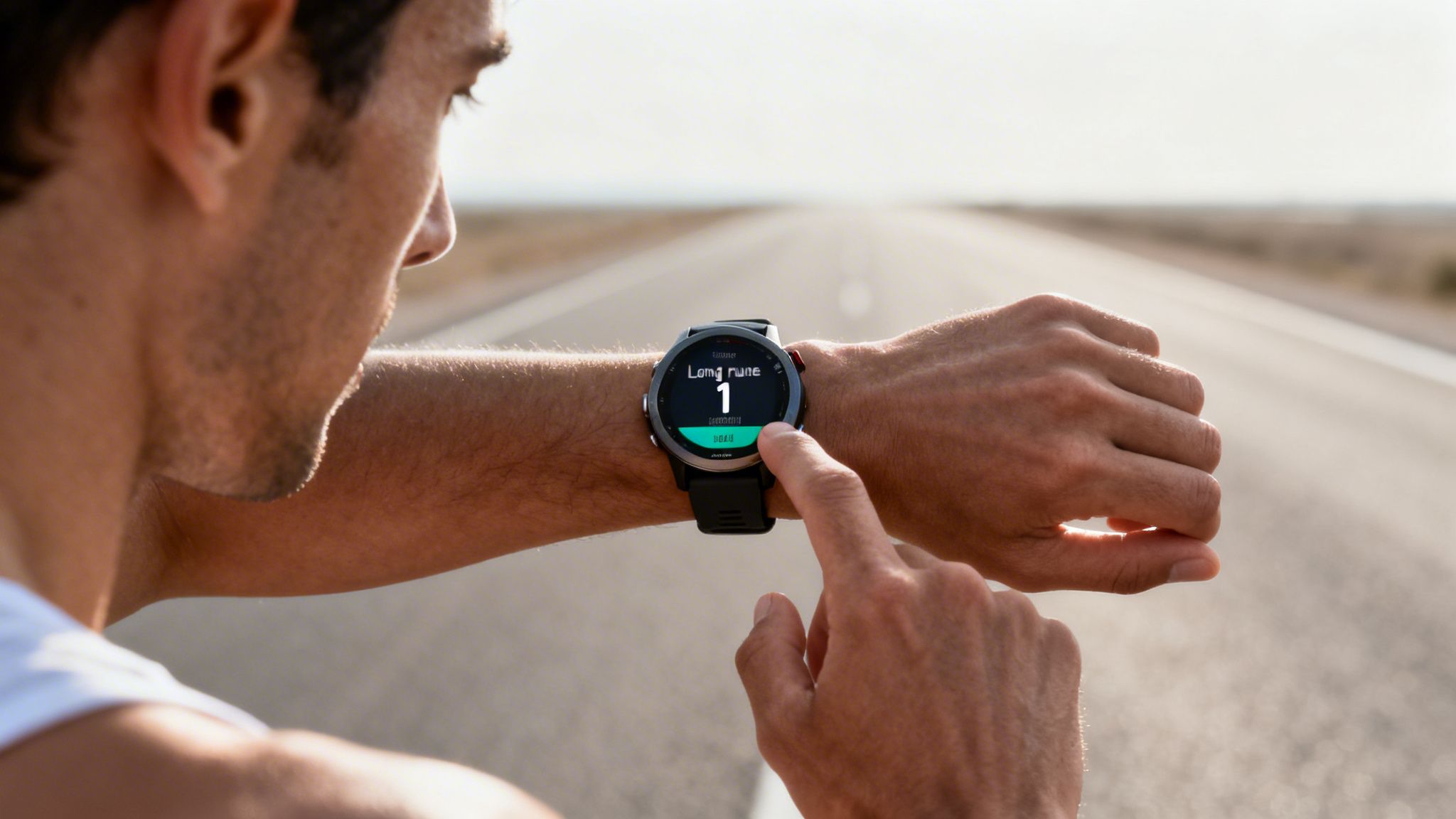 Man checking smartwatch for a long run workout on an open road.