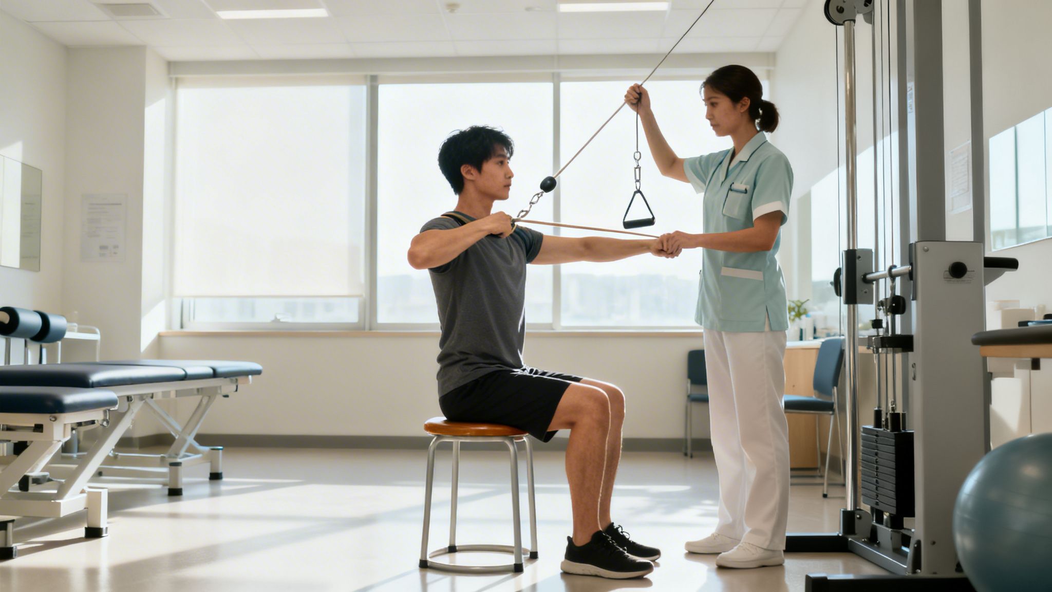 A male patient performs resistance exercises with a cable machine, guided by a female physical therapist in a clinic.