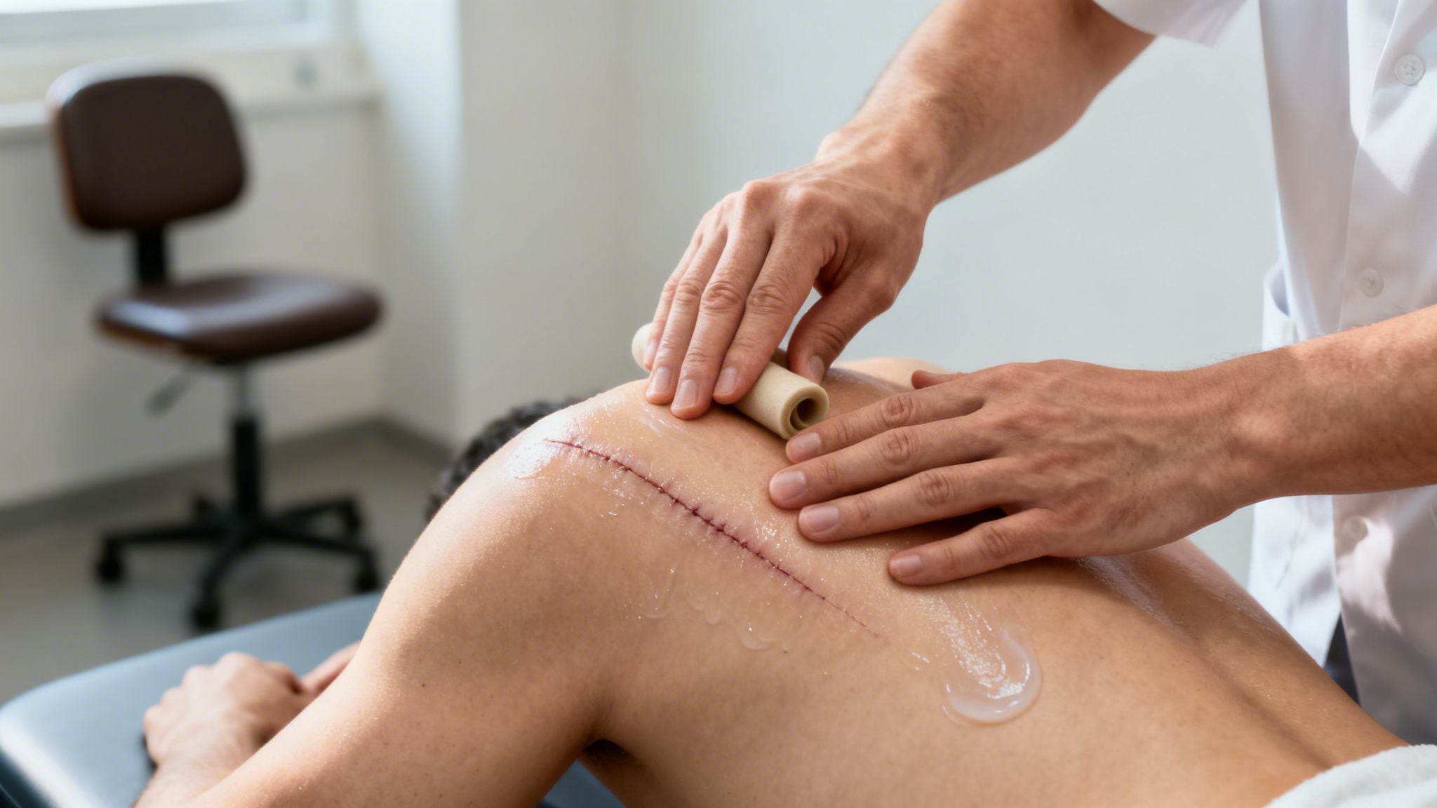 A therapist massages a long surgical scar on a patient's back using a roller tool and cream.