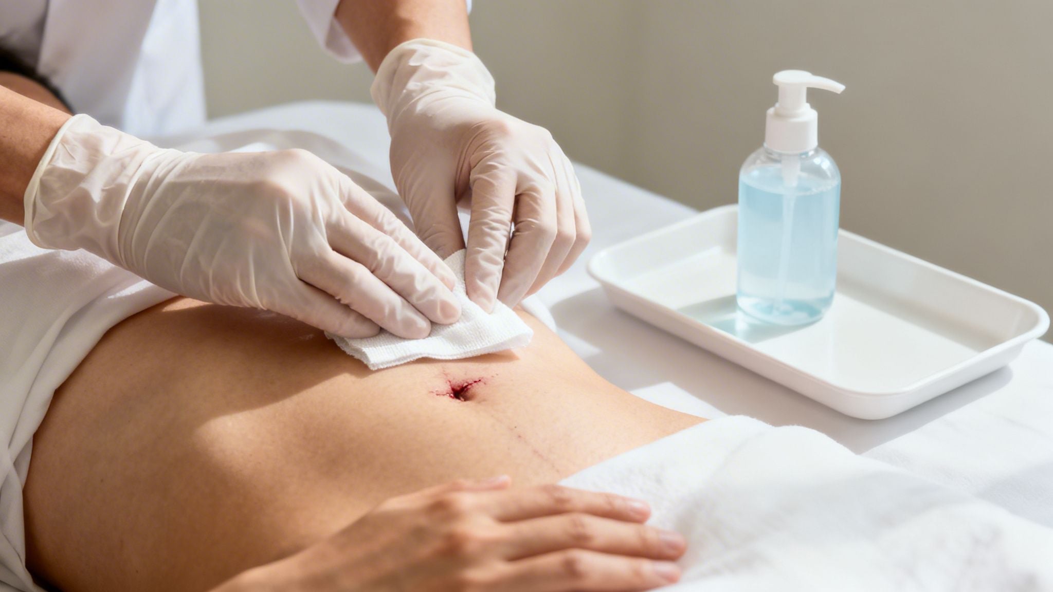 Gloved hands carefully clean a small incision wound on a person's abdomen, possibly after surgery.