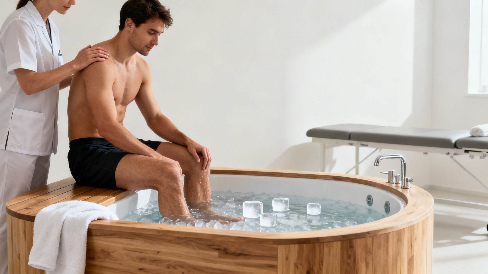 A man sits shirtless in a wooden ice bath with a therapist's hand on his shoulder.