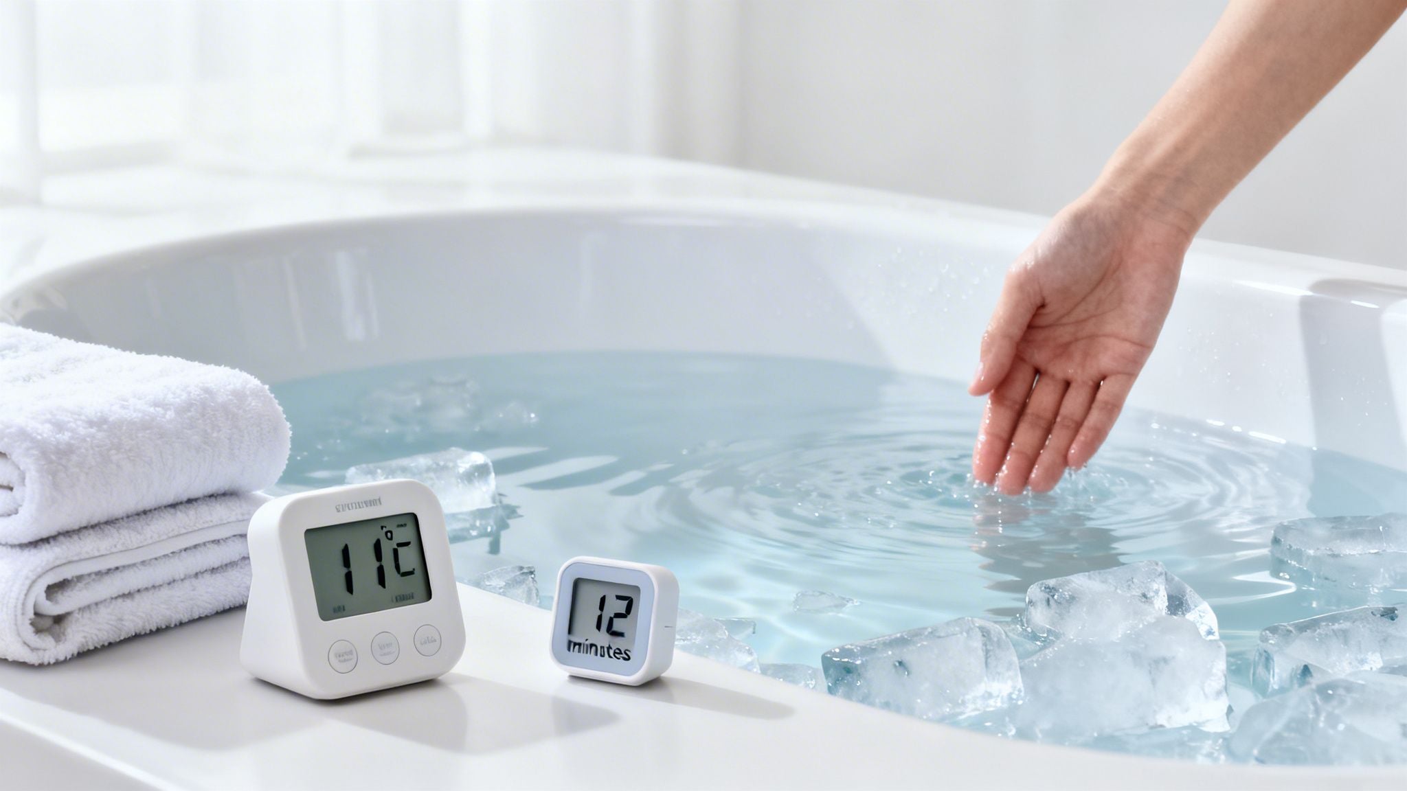 A person's hand testing cold water and ice in a white bathtub, with digital timers and white towels nearby.
