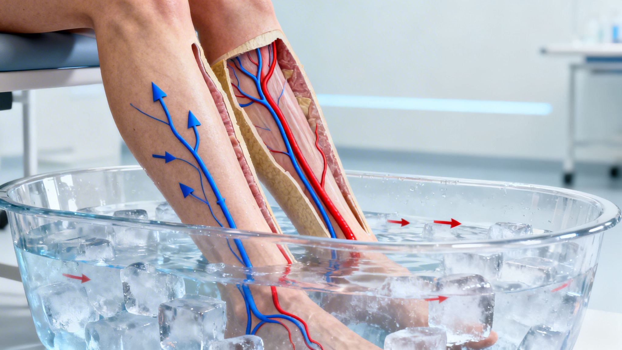 Human legs in an ice bath with anatomical representation of veins and arteries for circulation.