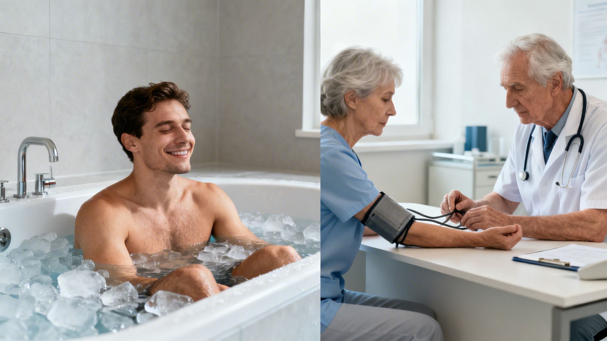A man in an ice bath smiles, while an elderly doctor checks a female patient's blood pressure.