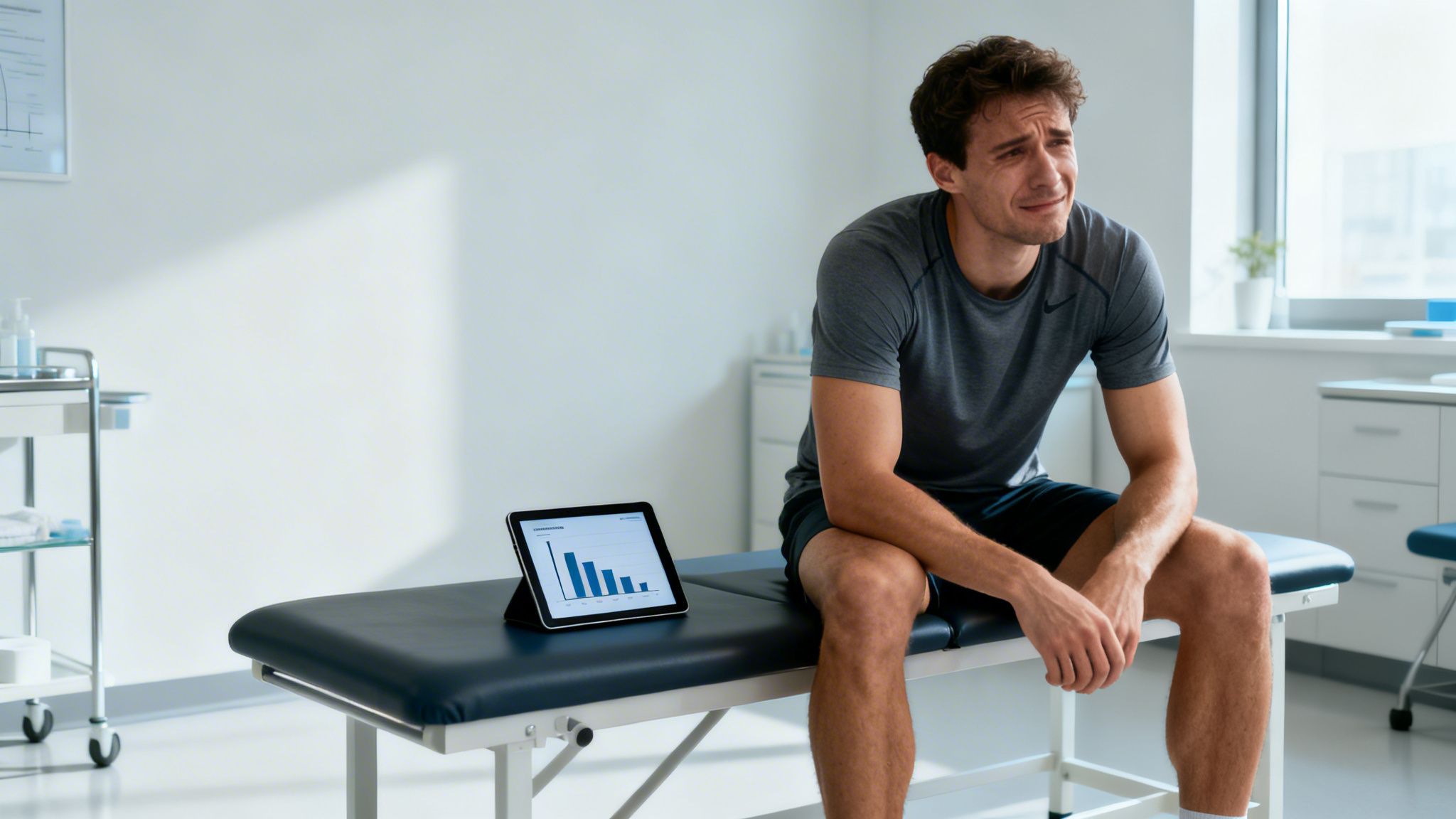 A distressed man in athletic wear sits on an examination table next to a tablet showing a chart.