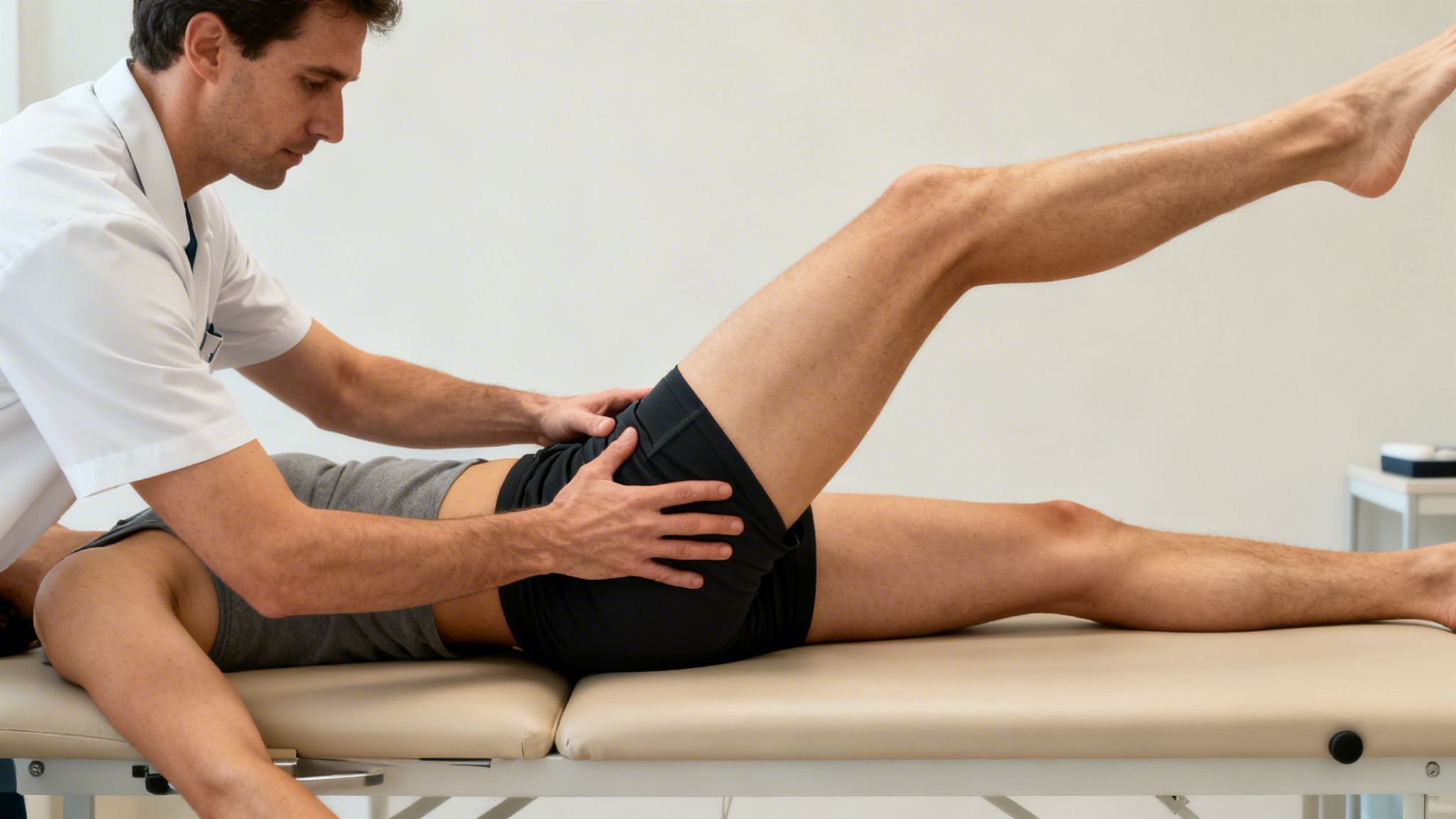 Physical therapist performing a hip assessment on a patient lying on a treatment table.