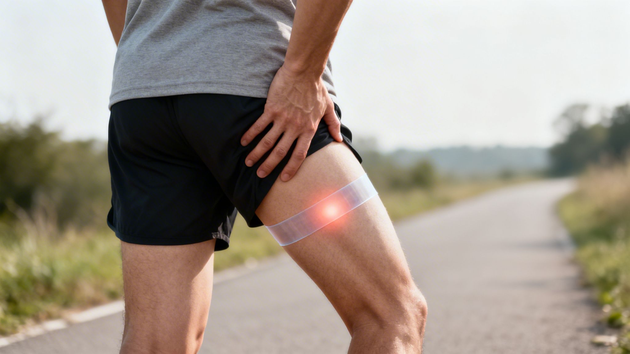 A runner holds their painful thigh, highlighting an IT band injury with a glowing red spot.