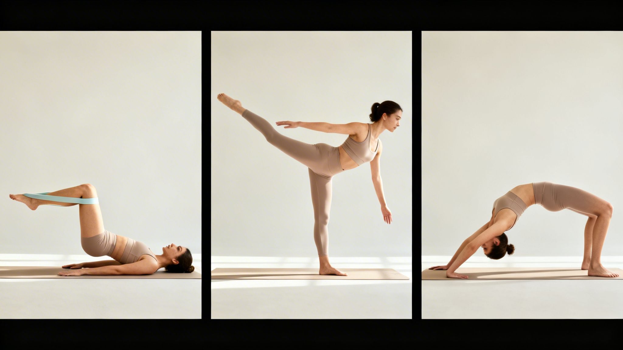 A woman performs three distinct yoga and fitness exercises, including resistance band work, on a mat.