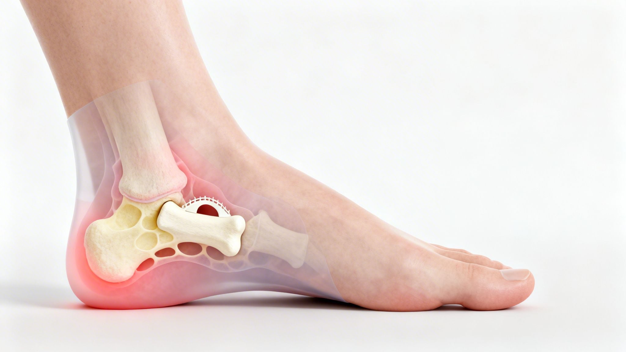Anatomical 3D rendering of a human foot with visible bones, an ankle implant, and inflamed heel.