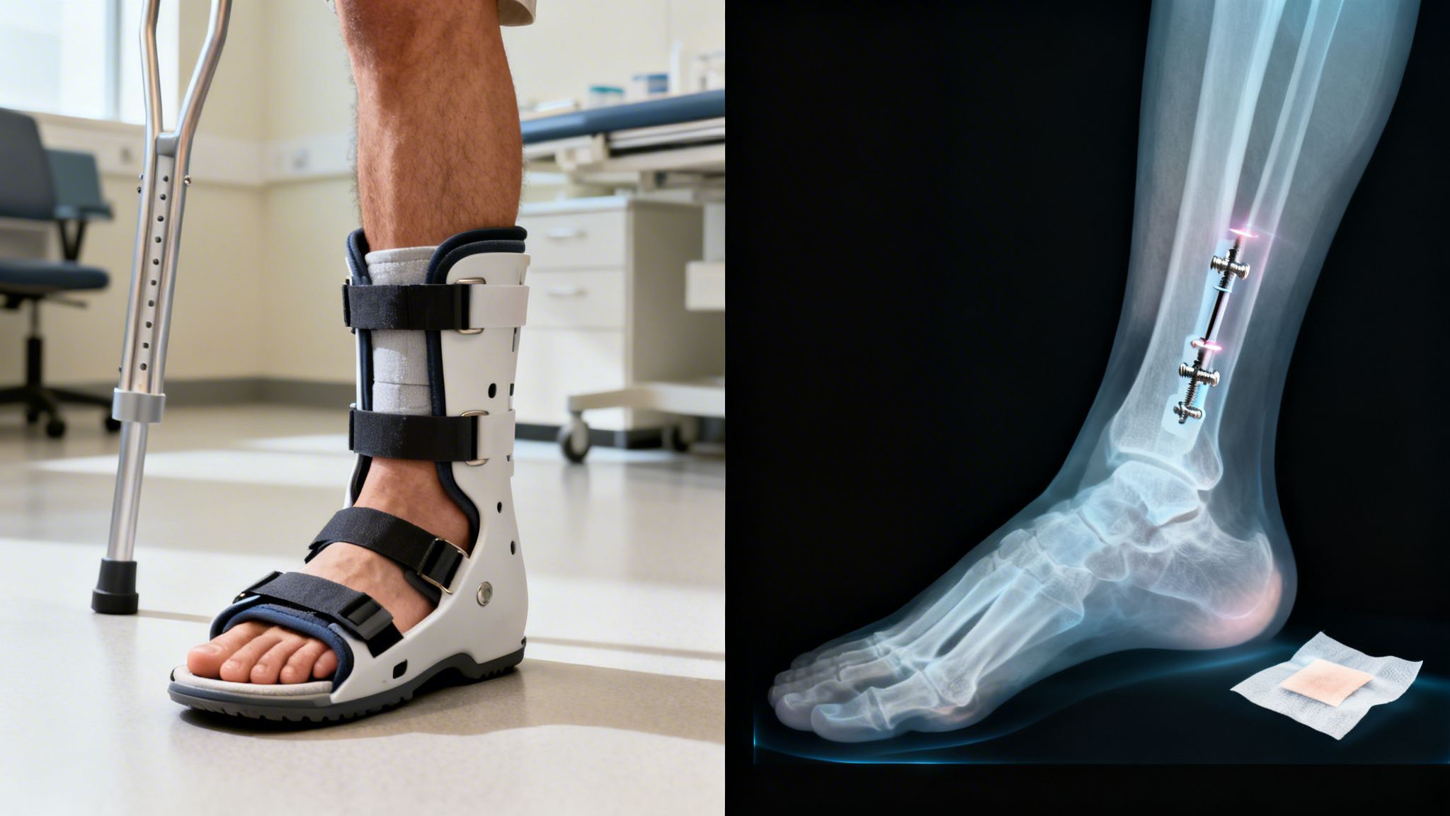 Split image showing a person with a walking boot and crutch next to an X-ray of a surgically repaired tibia and fibula.