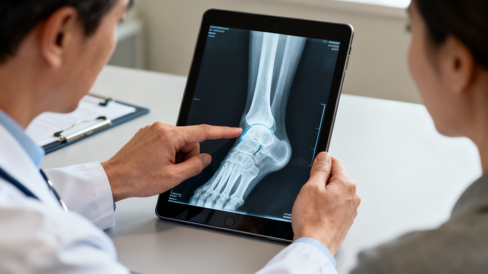 Doctor and patient review an ankle X-ray on a tablet during a medical consultation.