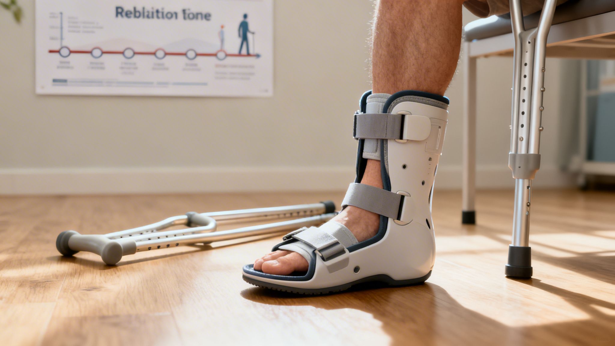 A person wears a grey and white medical walking boot on their right foot, with crutches nearby.