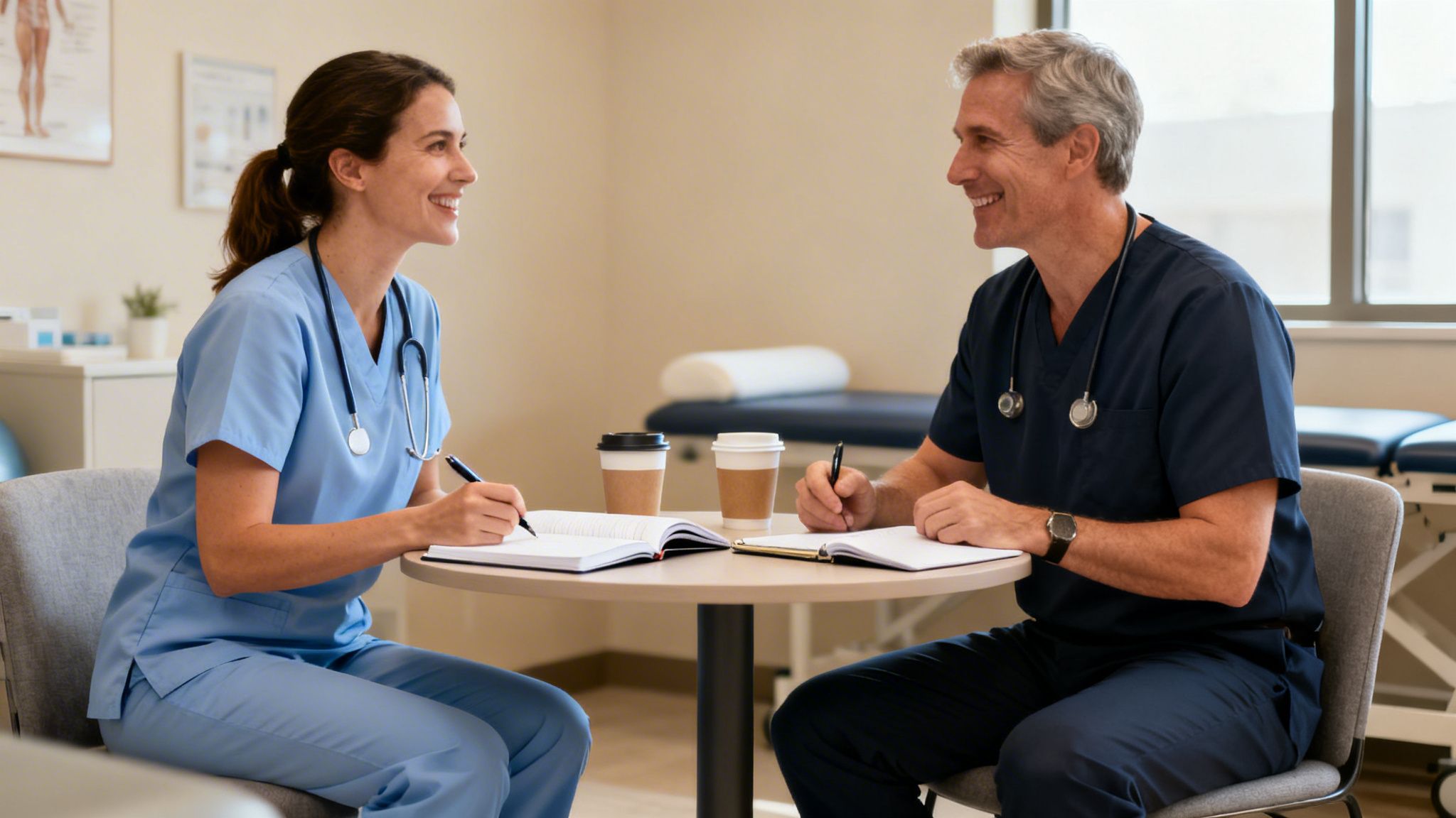 Two smiling healthcare professionals in scrubs taking notes and collaborating in a medical office.