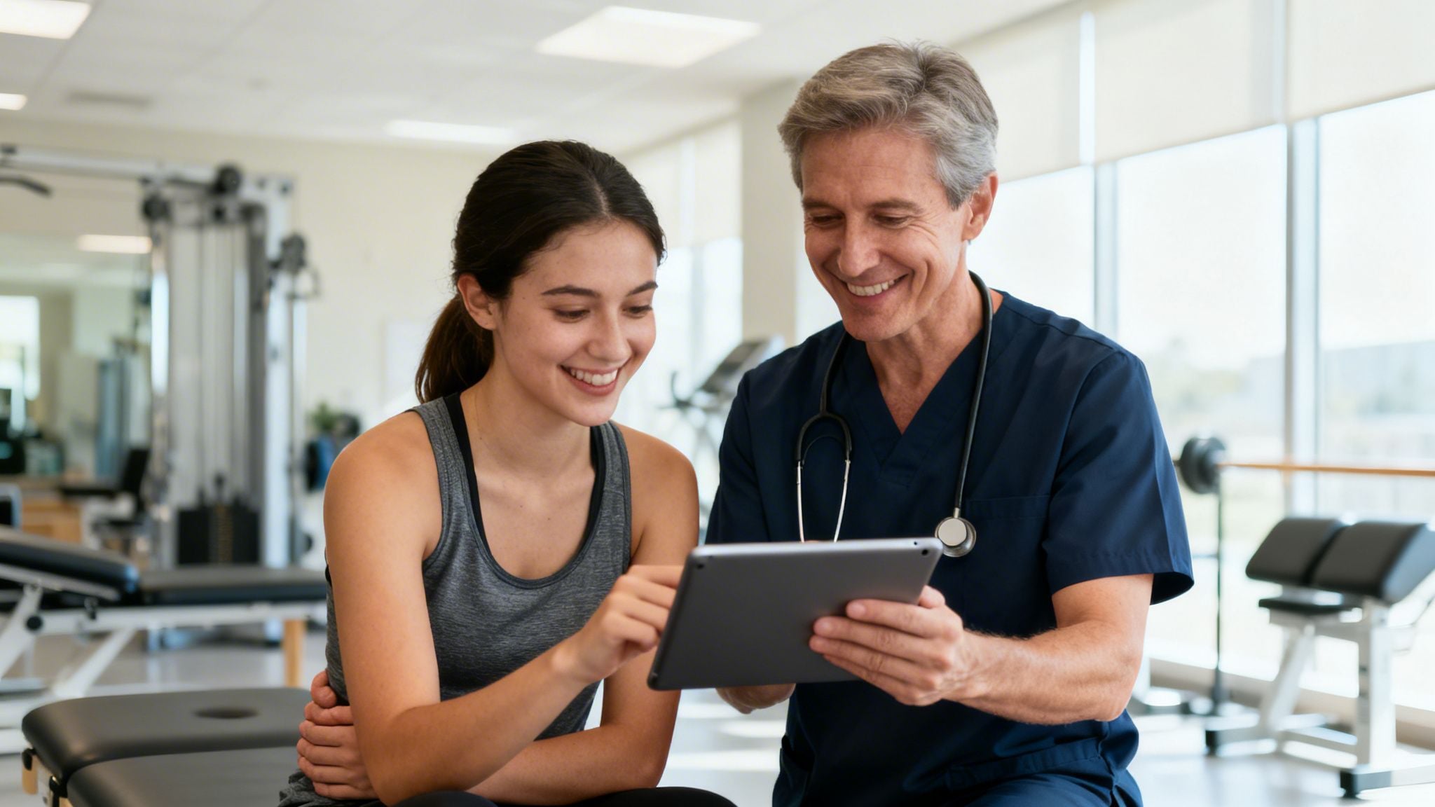 A smiling physical therapist and a young female patient review information on a tablet in a clinic.