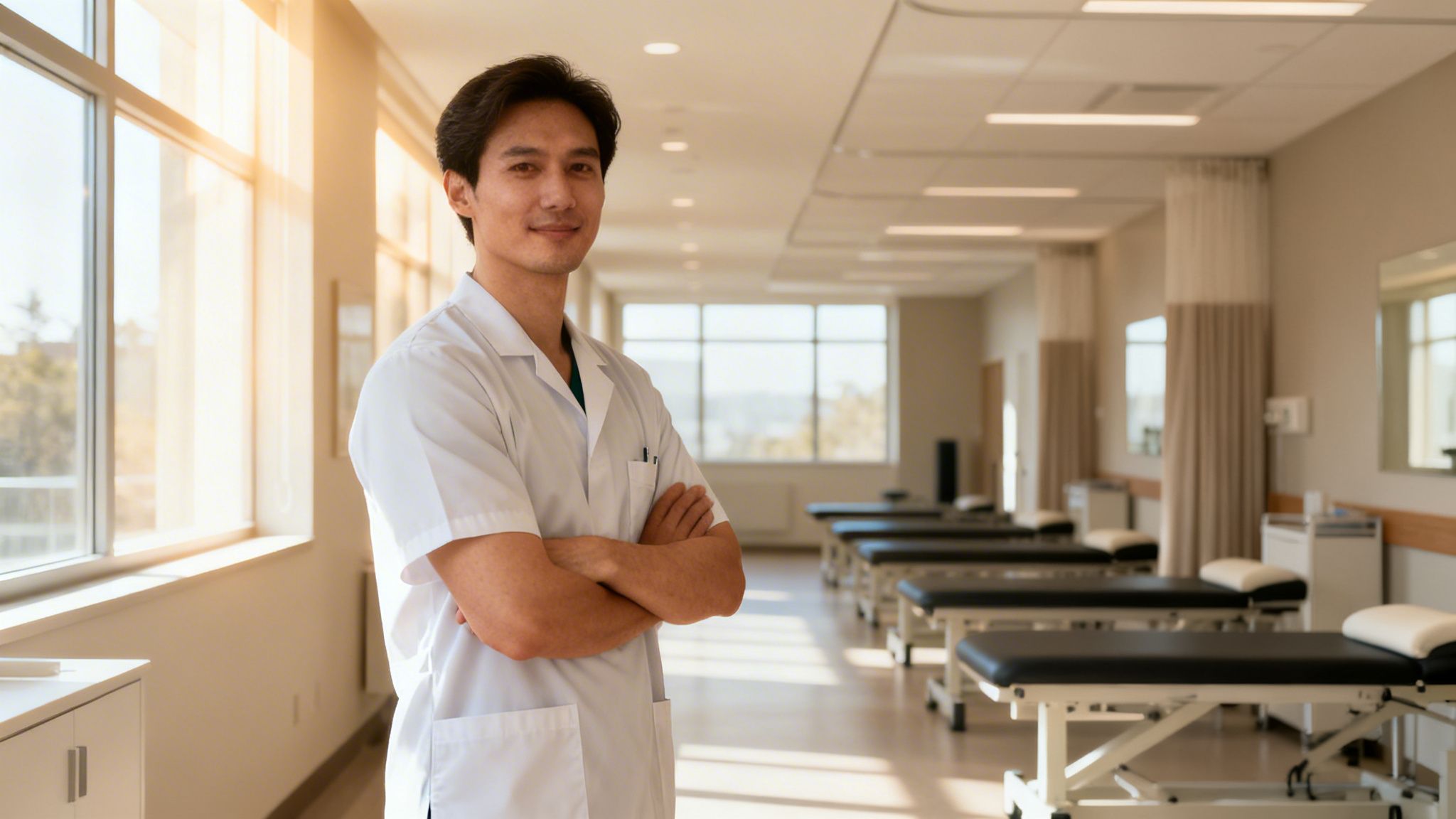 A friendly male physical therapist in a white coat stands in a bright clinic with treatment tables.