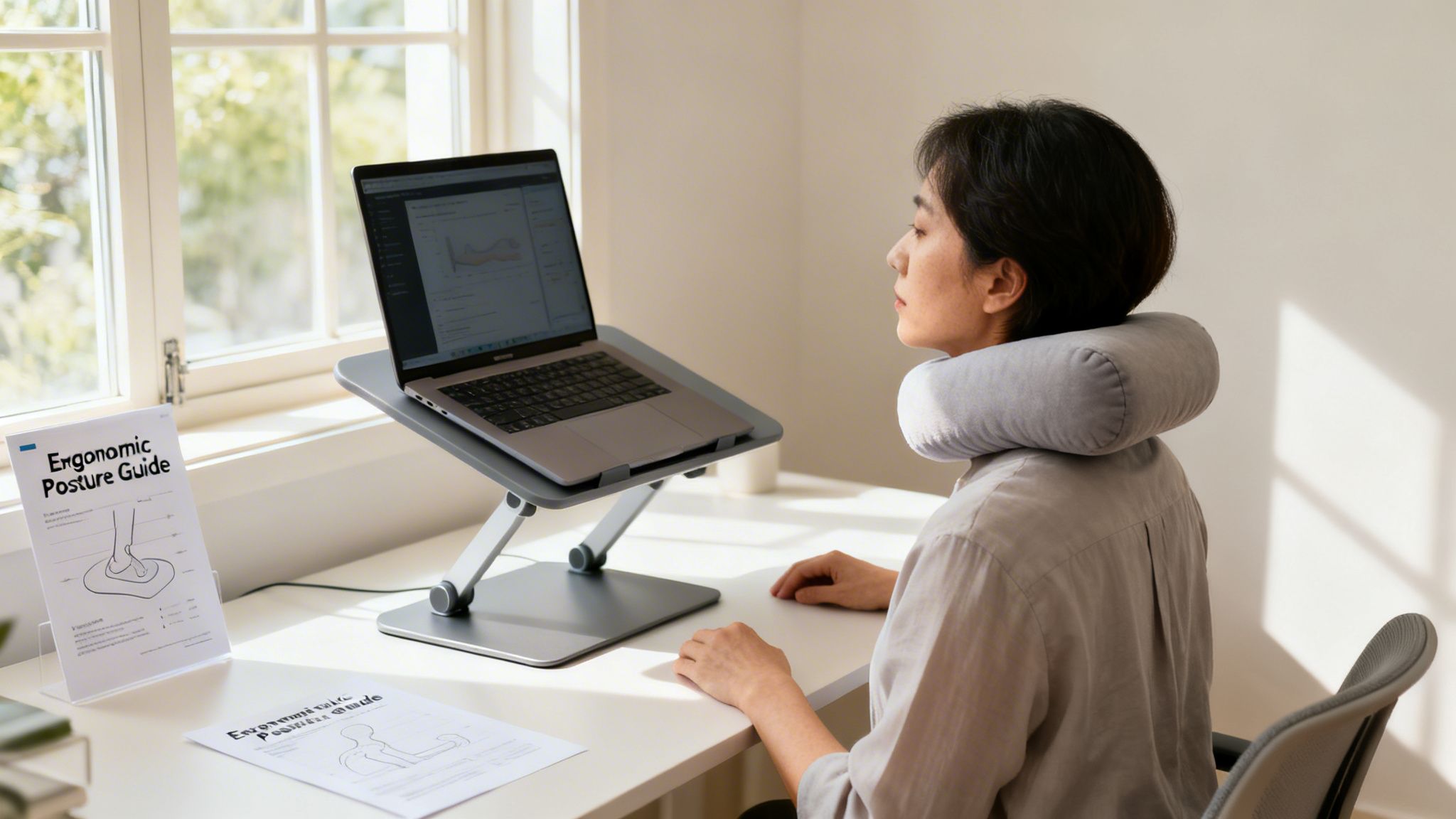 A woman with a neck pillow uses an ergonomic laptop setup at a desk with posture guides.