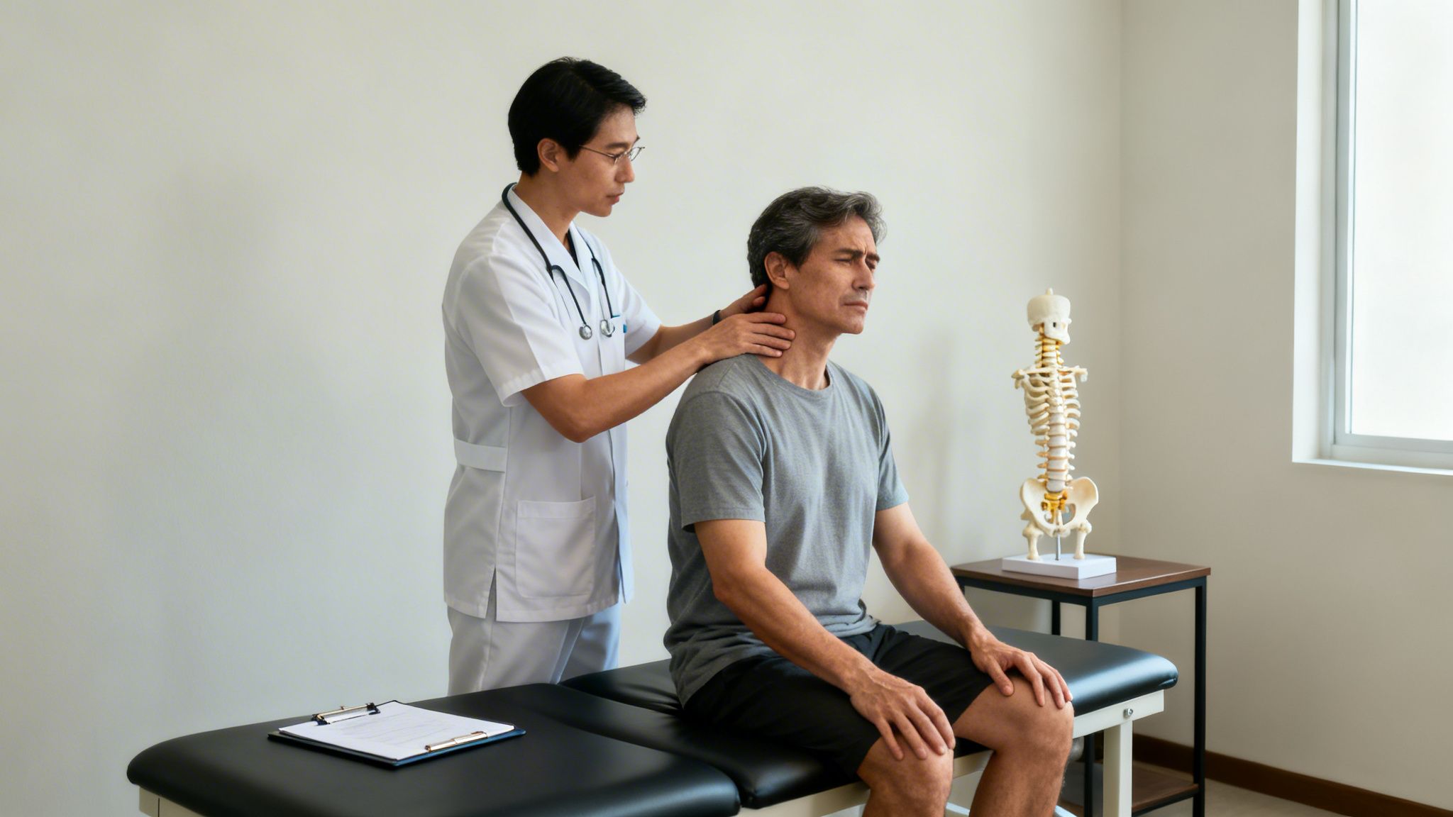 A doctor examines a male patient's neck for pain during a physical therapy session.