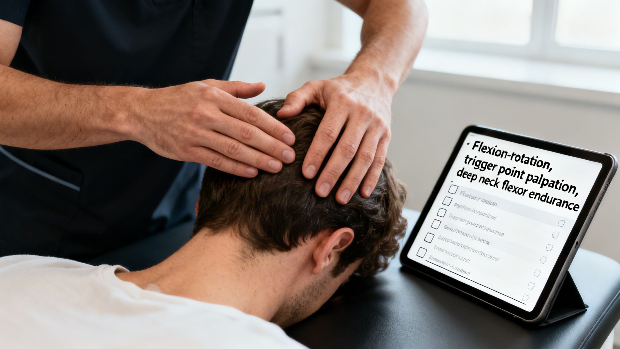 A physical therapist examines a patient's head and neck while a tablet displays a checklist of assessments.