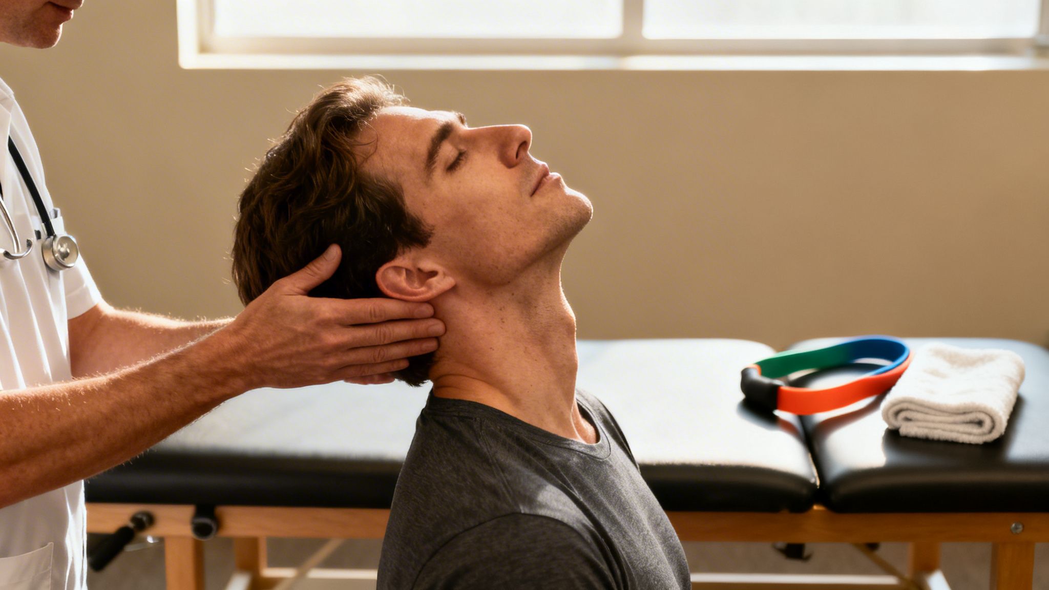 A physical therapist gently adjusts a man's neck during a therapy session.